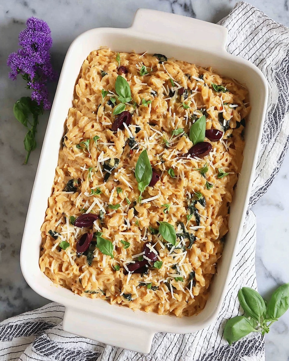 A rectangular white casserole dish filled with a creamy, light orange pasta mixture, with visible small rice-shaped pasta pieces throughout. Dark purple-black olive slices and bright green spinach leaves are scattered evenly in the dish. On top, light shreds of pale yellow cheese and three small sprigs of fresh green basil leaves are placed for garnish. The dish is sitting on a white marbled surface with a white and black-striped cloth napkin partially underneath. Next to the dish is a small purple flower adding a touch of color photo taken with an iphone --ar 4:5 --v 7