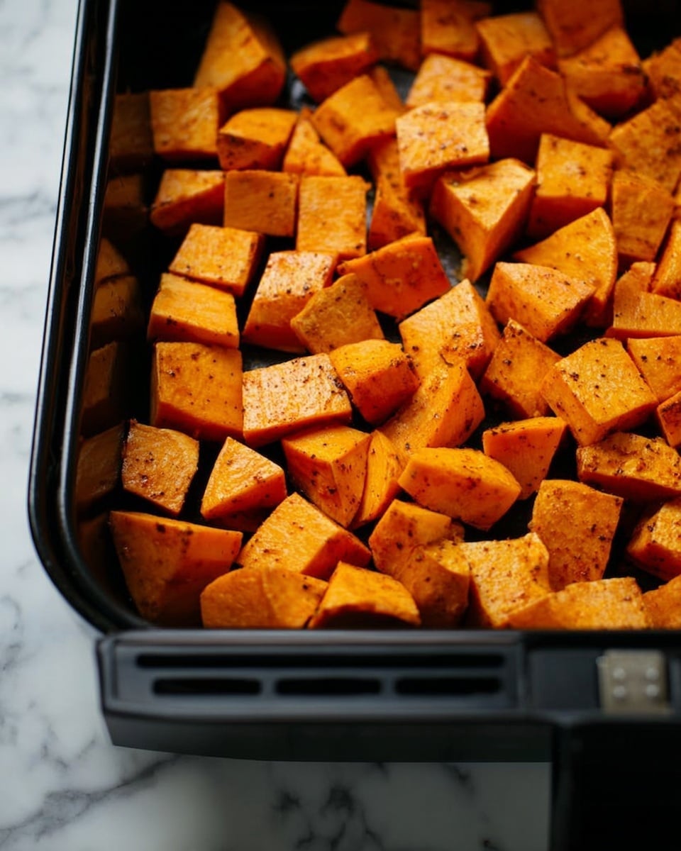 This image shows a black baking pan filled with chunks of sweet potato cut into uneven cubes. The sweet potato pieces have a bright orange color with some darker spots from seasoning or roasting. The pan is placed on a white marbled surface, and the right edge of the oven or appliance is visible in the background. The lighting highlights the shiny texture of the sweet potato pieces. Photo taken with an iphone --ar 4:5 --v 7