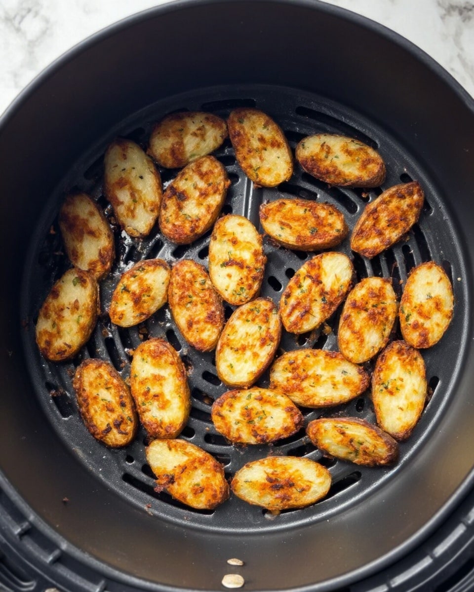 The image shows a round black air fryer basket containing small, oval-shaped pieces of cooked food arranged in a loose circle. Each piece is golden brown with darker brown spots, indicating they are cooked and crisped on the outside. The texture looks slightly rough and crunchy, and the pieces are spaced evenly across the basket's mesh-like bottom. The background around the air fryer is a white marbled surface. Photo taken with an iphone --ar 4:5 --v 7