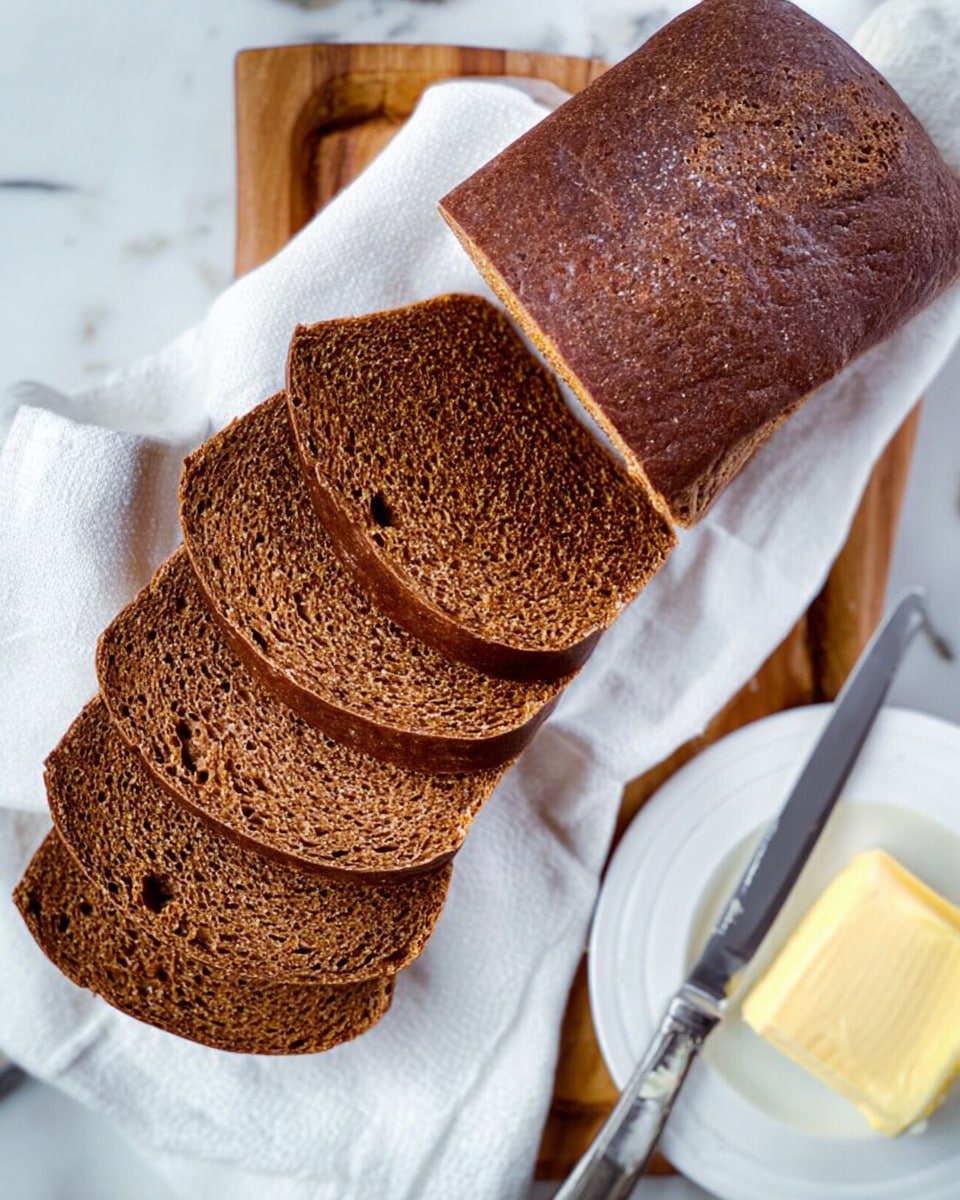 The image shows a loaf of dark brown bread sitting on a white cloth on a wooden board with several thick slices cut and fanned out to the right. The bread has a smooth, slightly shiny crust, and the inside is dense with small air holes. There is a white plate at the bottom right corner holding a block of light yellow butter with a silver knife resting on the edge. The background is a white marbled surface. photo taken with an iphone --ar 4:5 --v 7
