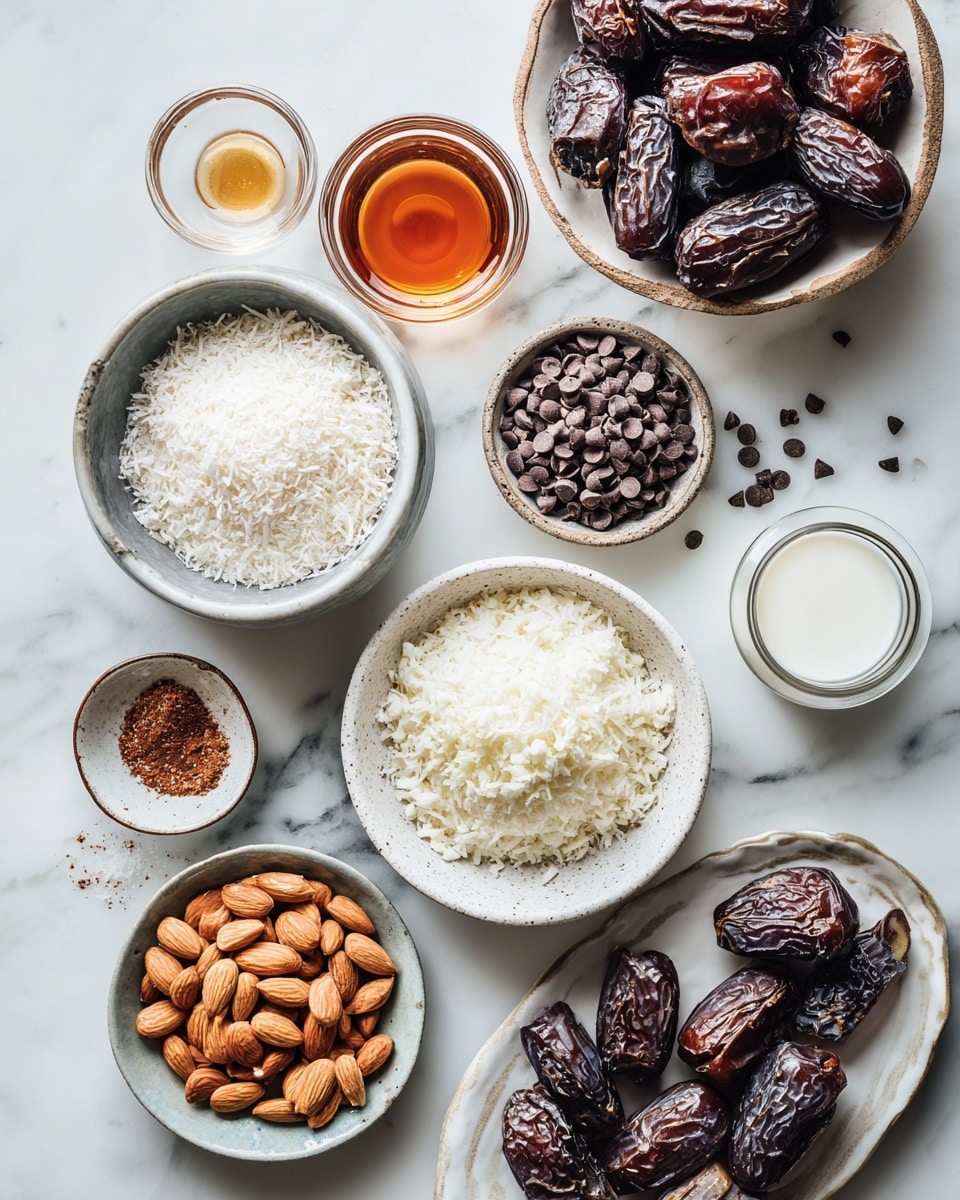 Top-down professional food photography, flat lay style, bright white marble countertop, neatly arranged, evenly spaced, tidy, clean organized layout, include: bowl of desiccated coconut, small glass cup of maple syrup, small glass cup of coconut milk, small bowl of vegan chocolate chips, shallow bowl of medjool dates (pitted, whole), small plate with whole almonds, bright soft natural lighting, sharp focus, high detail textures, realistic reflections, professional DSLR look, 4K, no finished dish, no cooked food, no hands, no text, no watermark, no brand logos --ar 4:5 --v 7