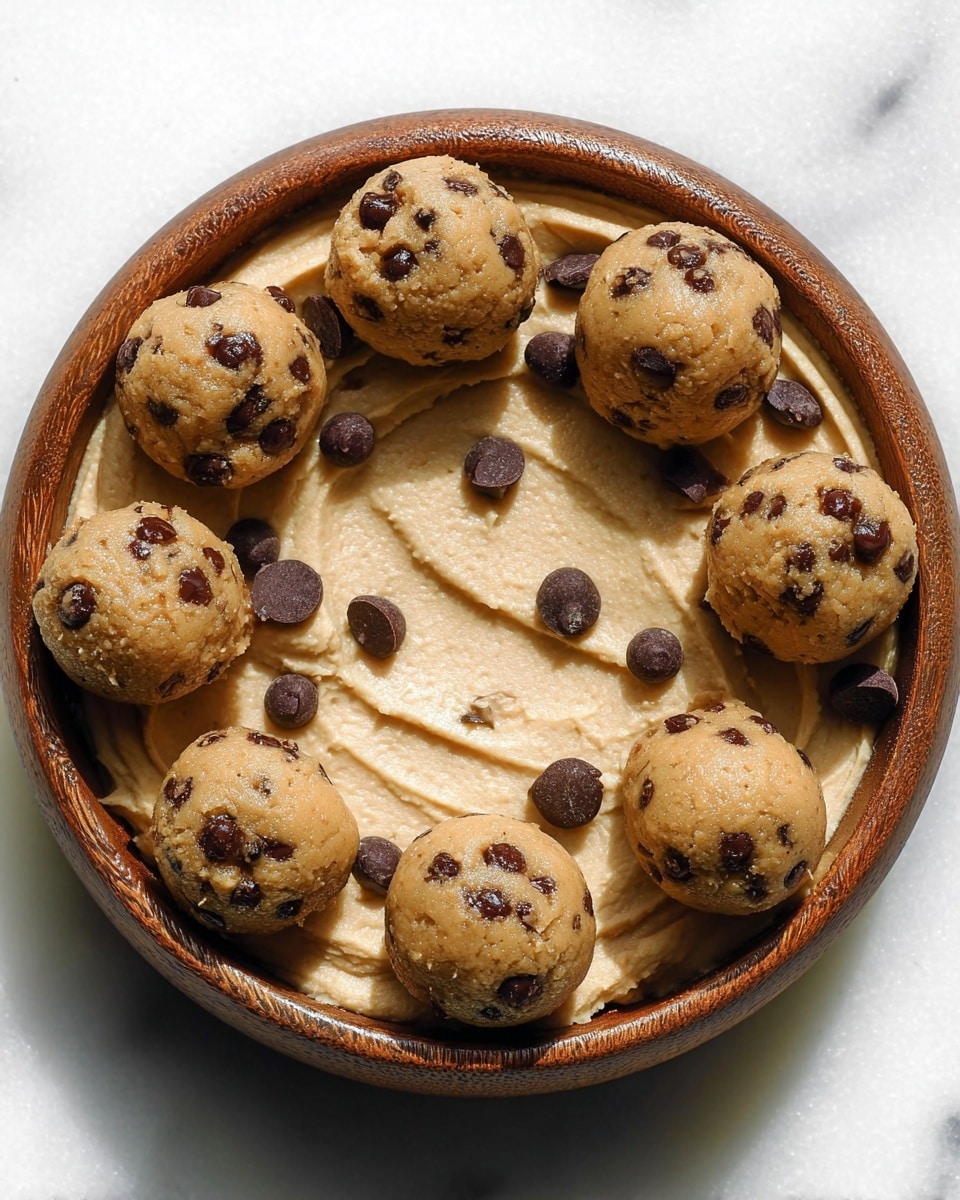 The image shows a round wooden bowl filled with a thick, creamy beige spread as the base layer with a smooth, slightly swirled texture. On top of the spread, there are nine small, round cookie dough balls, golden brown with dark chocolate chips visible on their surface. Scattered among the cookie dough balls are loose dark brown chocolate chips. The bowl sits on a white marbled surface, and the lighting highlights the texture of the dough balls and the spread inside the bowl. photo taken with an iphone --ar 4:5 --v 7