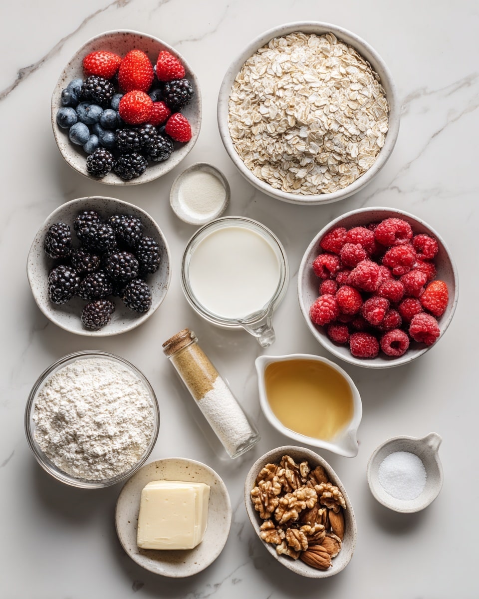 Top-down professional food photography, flat lay style, bright white marble countertop, neatly arranged, evenly spaced, tidy, clean organized layout, include: bowl of frozen mixed berries (blackberries, blueberries, raspberries, strawberries), small bowl of cornstarch, bowl of rolled oats, small bowl of chopped walnuts, small bowl of sliced almonds, small bowl of almond flour, glass measuring cup of maple syrup, small glass cup of melted vegan butter, small bottle of vanilla flavoring, small bowl of salt, bright soft natural lighting, sharp focus, high detail textures, realistic reflections, professional DSLR look, 4K, no finished dish, no cooked food, no hands, no text, no watermark, no brand logos --ar 4:5 --v 7