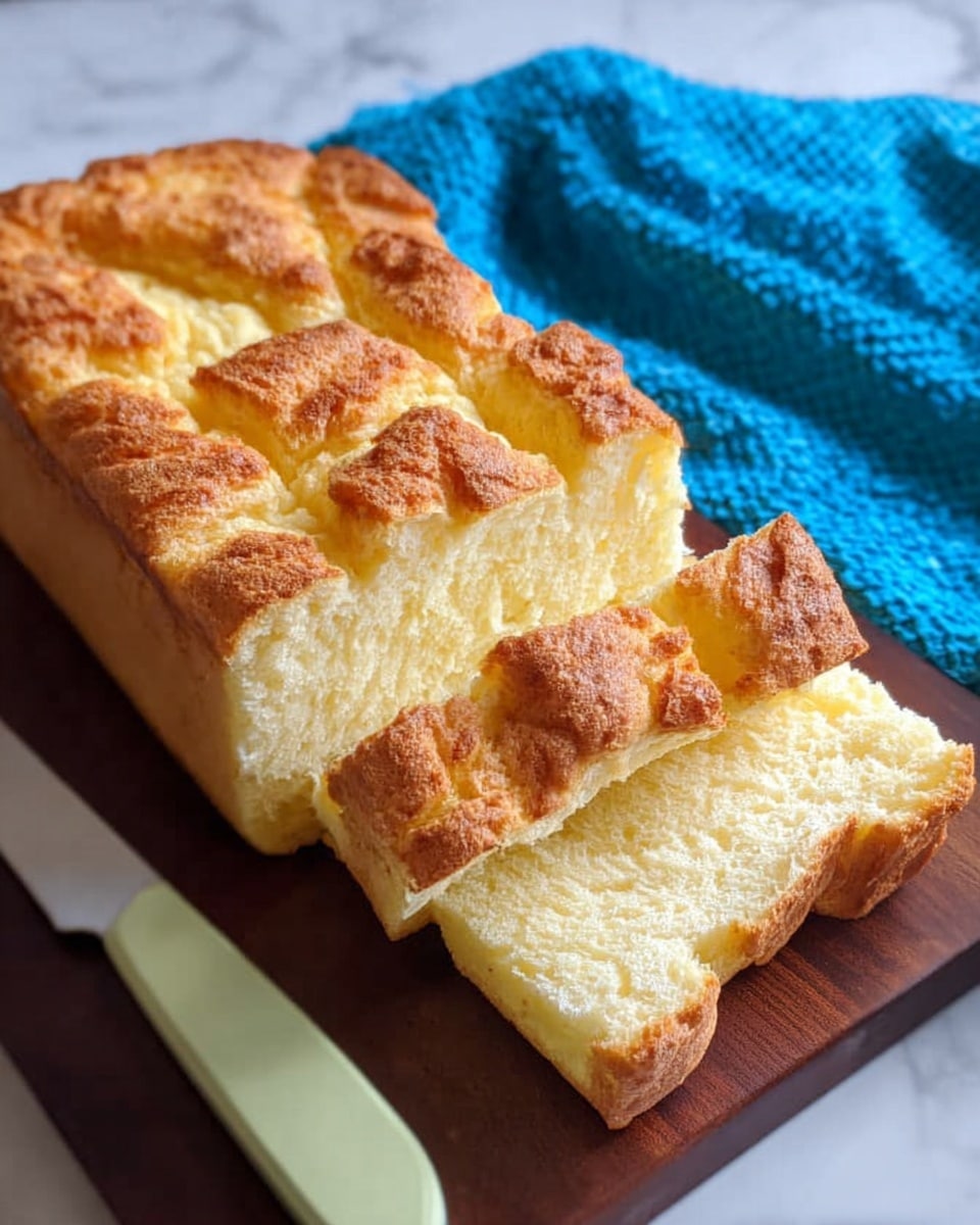 The image shows a golden, baked loaf of bread sliced into four thick pieces and then cut into smaller square sections on top, revealing a light, soft texture inside. The loaf has a slightly crispy, browned crust with a soft yellow color on top and a light, airy crumb inside. It is placed on a dark wooden cutting board with a white knife that has a green handle beside it. In the background, there is a bright blue textured cloth over a white marbled surface. Photo taken with an iphone --ar 4:5 --v 7