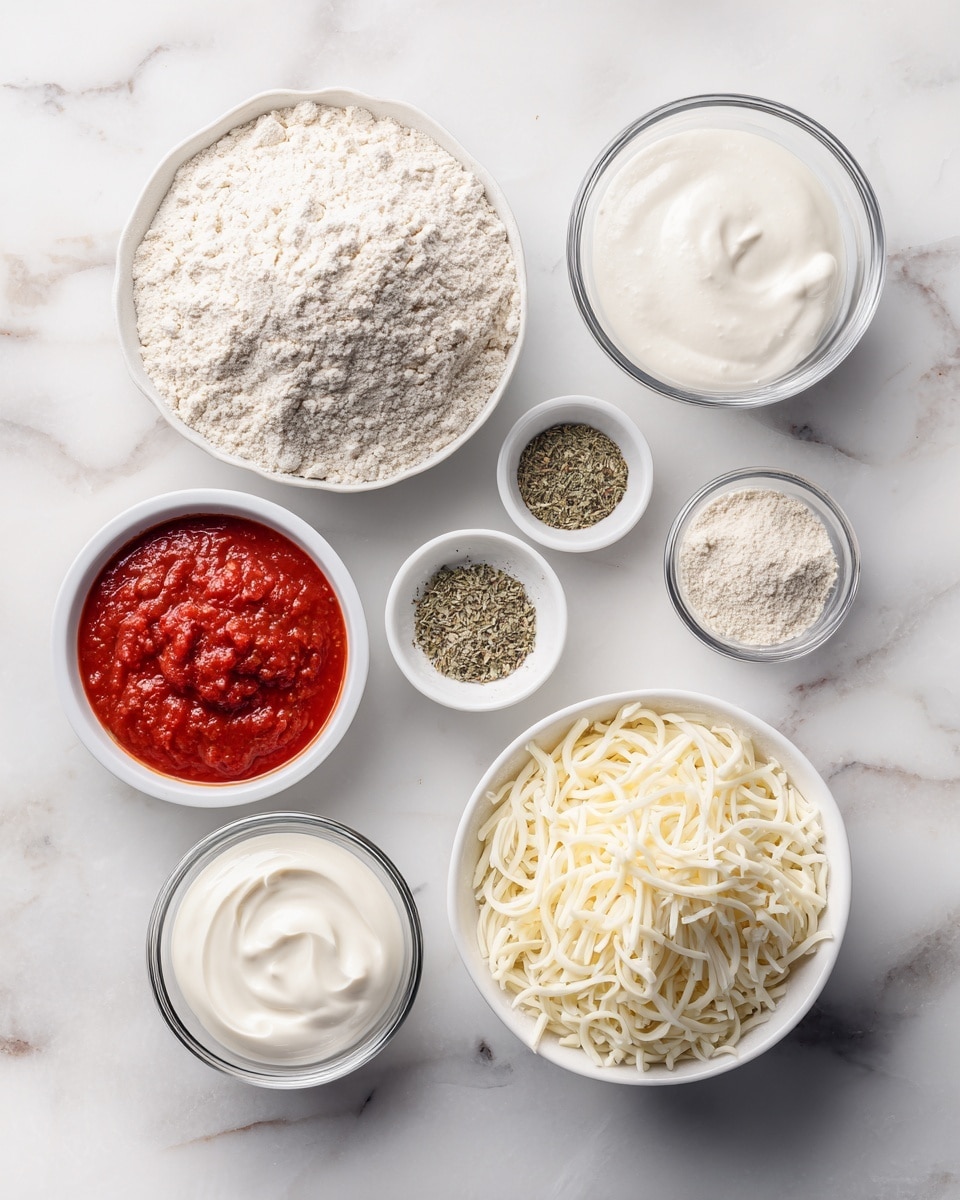 Top-down professional food photography flat lay style, bright white marble countertop, neatly arranged, evenly spaced, tidy, clean organized layout, include: bowl of white whole wheat flour, small bowl of baking powder, small bowl of dried oregano, small bowl of garlic powder, glass measuring cup of plain 2% Greek yogurt, small glass cup of marinara sauce, bowl of shredded mozzarella cheese, bright soft natural lighting, sharp focus, high detail textures, realistic reflections, professional DSLR look, 4K, no finished dish, no cooked food, no hands, no text, no watermark, no brand logos --ar 4:5 --v 7