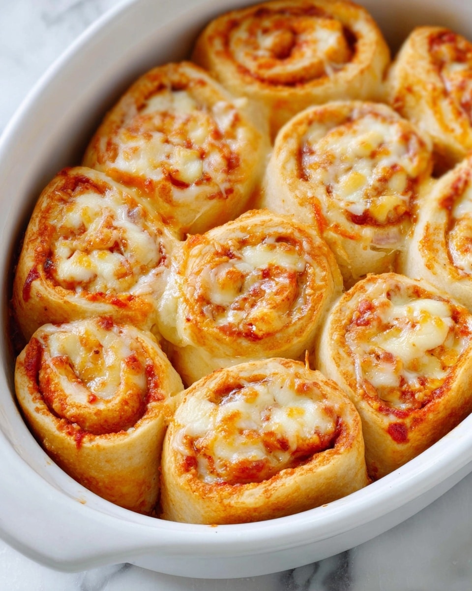 The image shows a white oval baking dish filled with eight golden-brown pizza rolls arranged closely together. Each roll has a visible spiral pattern with layers of light dough on the outside and a mixture of melted white cheese and red tomato sauce inside. The cheese appears melted and slightly glossy, while the dough looks soft with a slightly browned edge. The dish sits on a white marbled surface, emphasizing the warm colors of the rolls. photo taken with an iphone --ar 4:5 --v 7