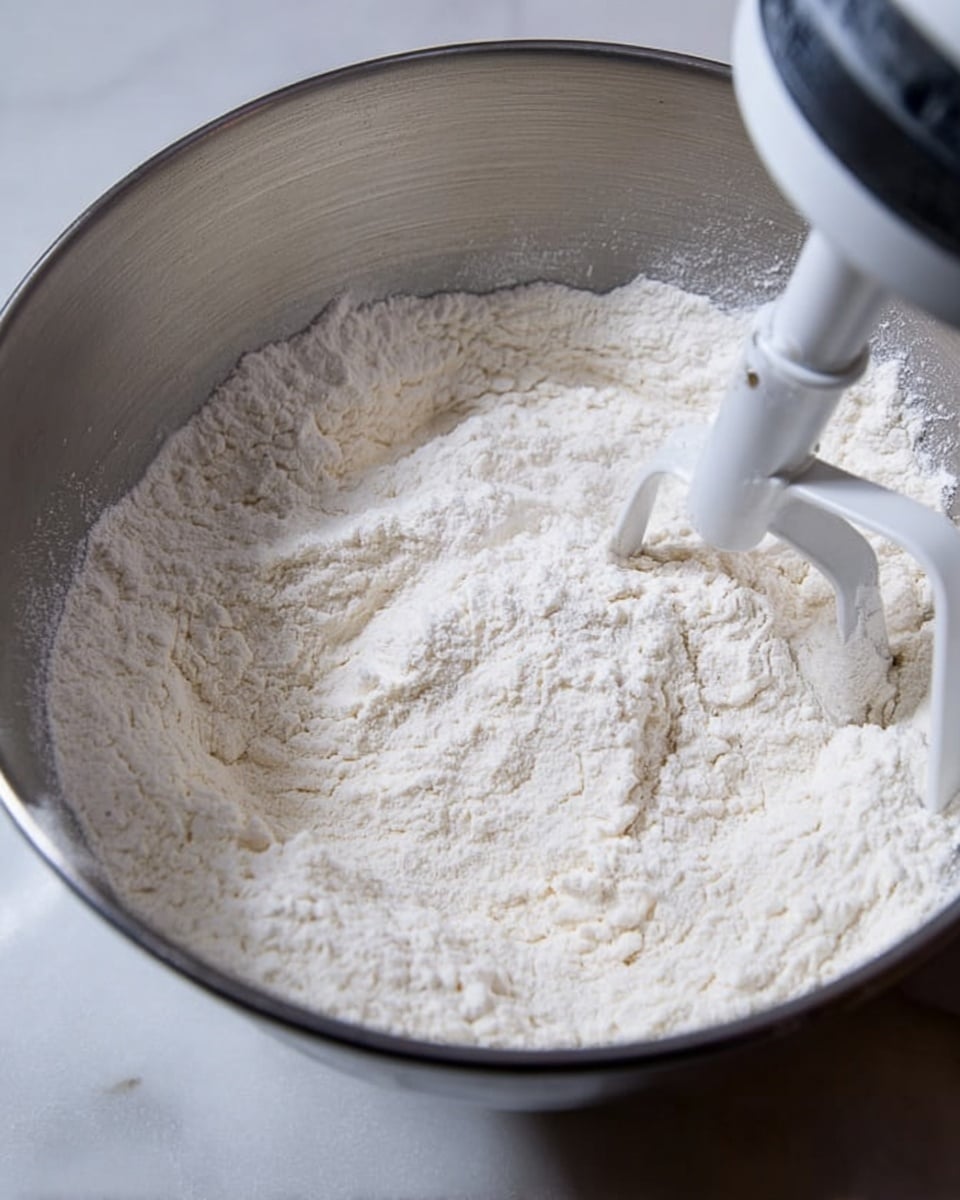 The image shows a close-up of a silver mixing bowl filled with fine white flour, which has a soft powdery texture. In the bowl, there is a white flat beater attachment from a stand mixer slightly buried in the flour, creating subtle ridges and small uneven areas on the flour's surface. The bowl sits on a white marbled surface, which provides a clean and bright background. The overall look is simple and focused on the flour and the mixing tool, with soft natural lighting highlighting the texture and color of the flour. Photo taken with an iphone --ar 4:5 --v 7