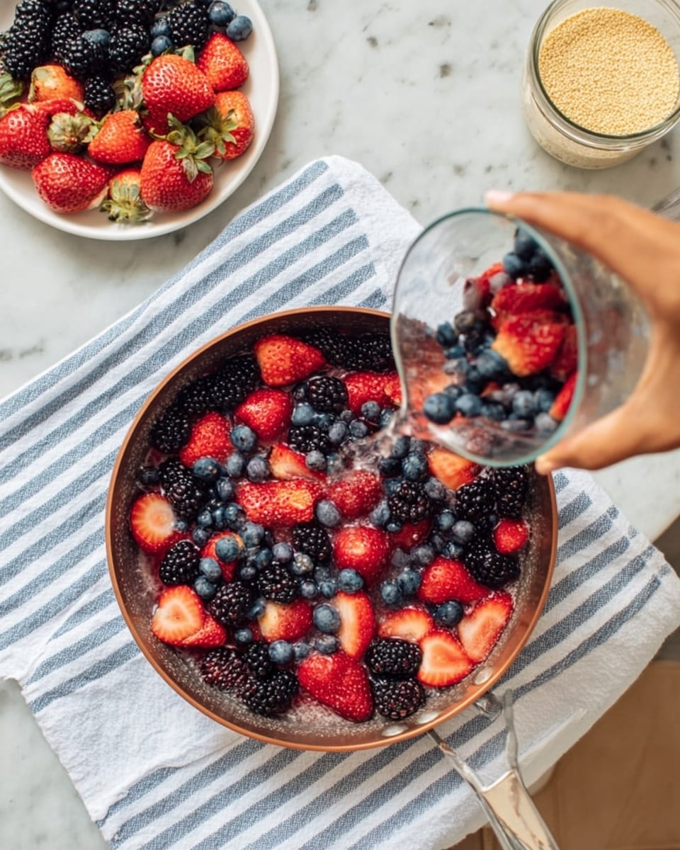 The image shows a copper pan filled with fresh mixed berries, including whole blueberries, whole blackberries, and large pieces of strawberries, all layered evenly inside the pan. The pan rests on a white and blue striped cloth placed on a white marbled surface. Above the pan, a woman's hand is pouring more berries, mostly blueberries and strawberries, from a clear glass measuring cup into the pan. To the top left, there is a white plate with a collection of strawberries, blueberries, and blackberries arranged on it. To the right of the pan, a small jar filled with light-colored seeds or grains is visible. Photo taken with an iphone --ar 4:5 --v 7