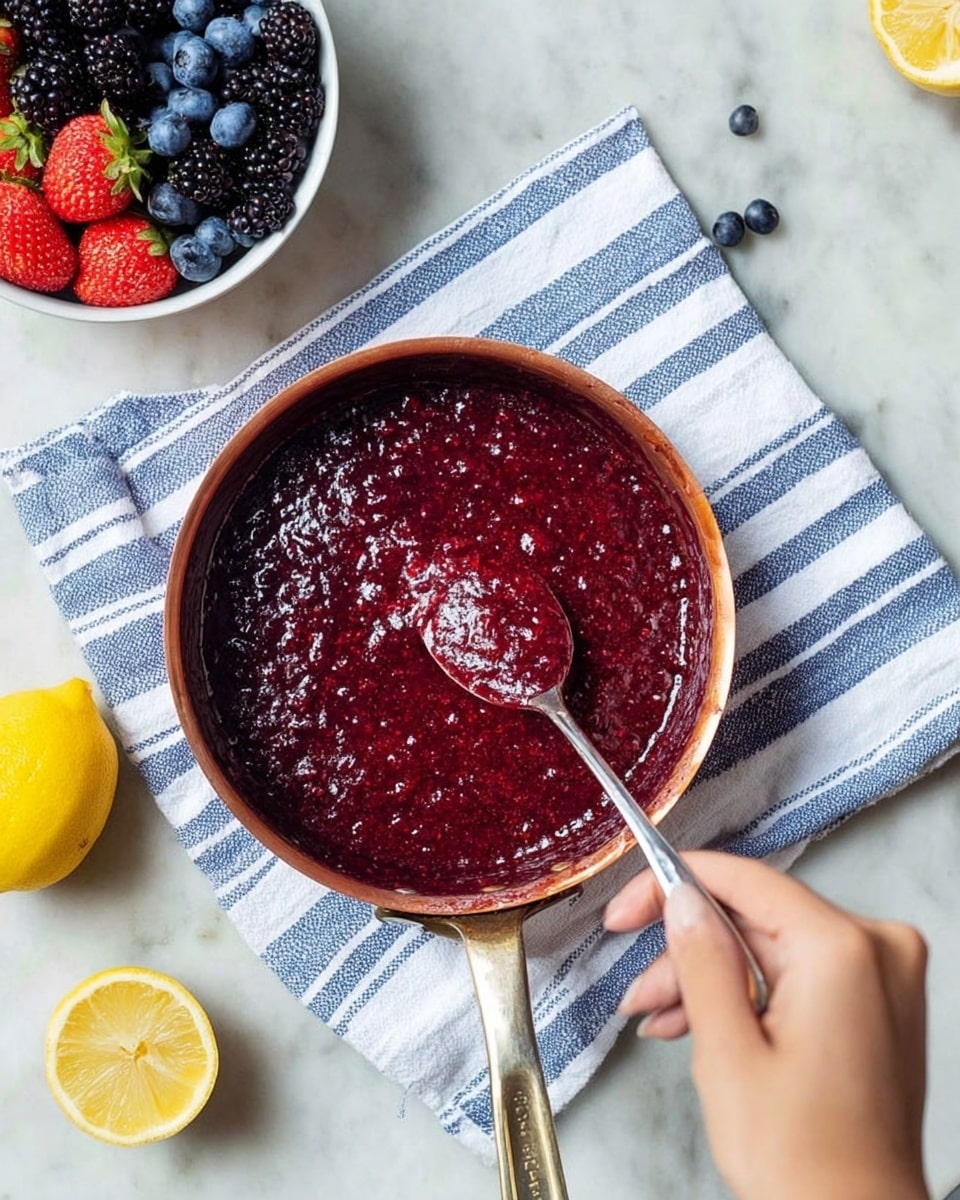 A top view of a shiny, thick deep red berry sauce being stirred in a copper pan placed on a white and blue striped kitchen towel on a white marbled surface. A woman's hand is holding a spoon covered with the sauce inside the pan. Nearby, a halved lemon and a whole lemon sit on the surface, and in the upper left corner, a white bowl full of fresh blueberries, blackberries, and strawberries adds color to the scene. Photo taken with an iphone --ar 4:5 --v 7