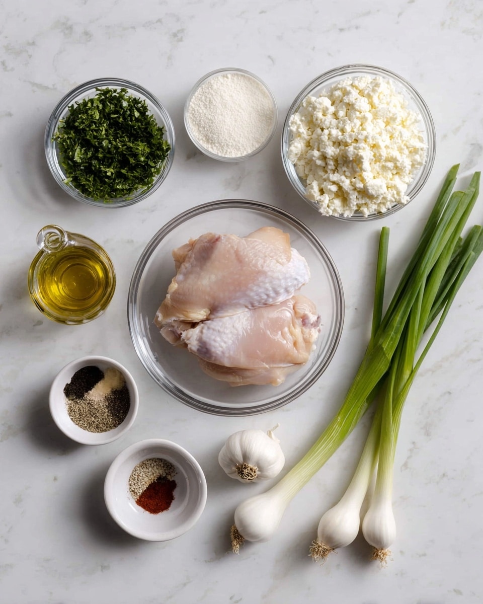The image shows seven clear glass bowls and small piles on a white marbled surface, each holding different ingredients: in the center, a bowl with two raw chicken pieces, above it a bowl of white powder, to the right a bowl filled with white crumbled cheese, and to the left a bowl containing finely chopped green herbs. Also present is a small clear glass bottle with light golden oil, a small white bowl containing a mix of different spices in shades of black, white, brown, and red, and two garlic cloves placed beside the bowls. On the far right, three green onions with white bulbs and green stems lay neatly side by side. photo taken with an iphone --ar 4:5 --v 7