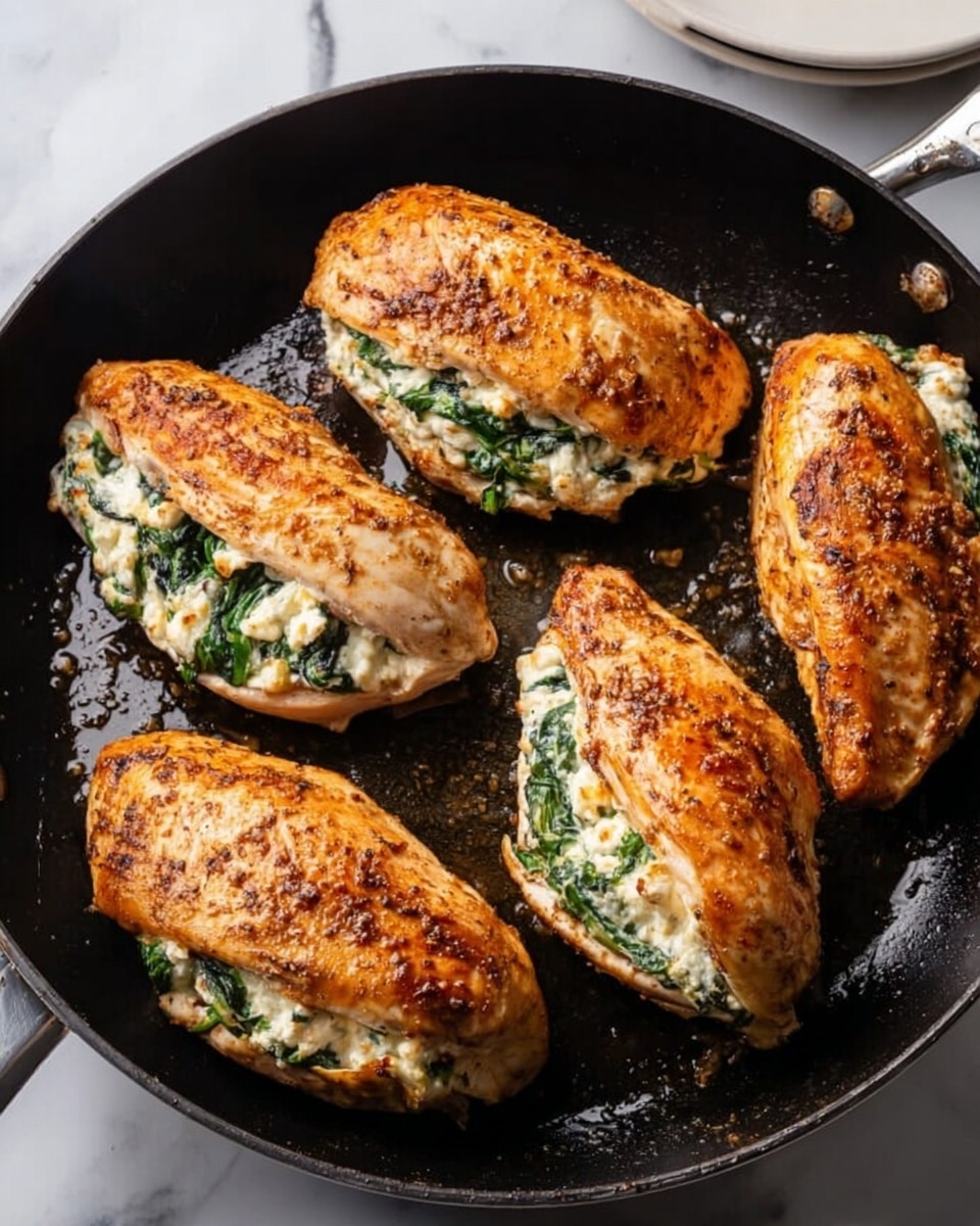 The image shows four cooked chicken pieces in a black pan, each stuffed with a mixture of white cheese and green spinach, visible at the open middle layer of the chicken. The chicken skin is golden brown with a slightly crispy texture and some seasoning specks. The pan has a bit of oil and seasoning residue around the chicken. The setting is on a white marbled surface with a glimpse of a white plate in the top right corner. photo taken with an iphone --ar 4:5 --v 7