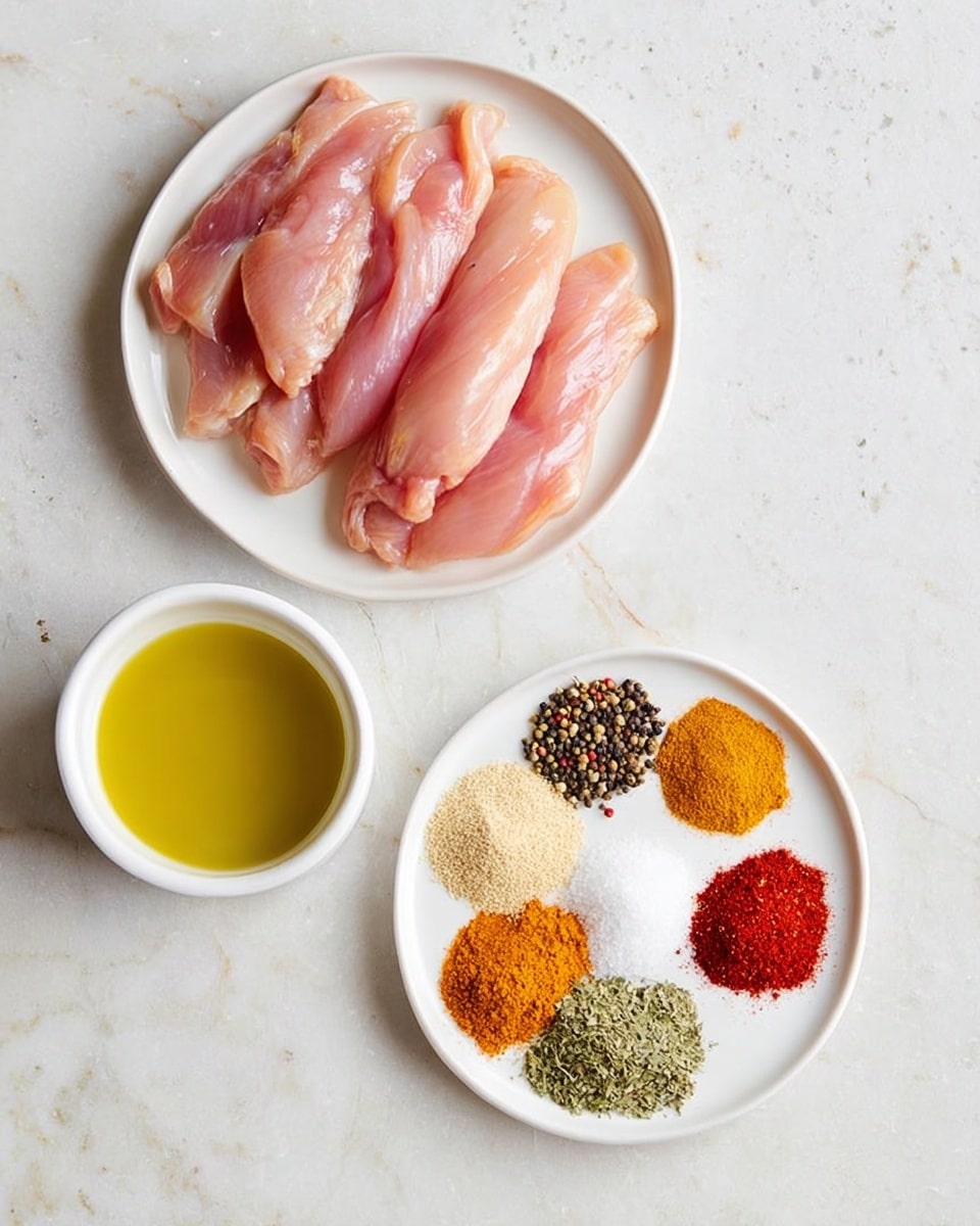 A white plate holds eight raw, pink chicken strips tightly placed next to each other. Nearby, another white plate shows eight small piles of spices arranged in two rows: black pepper, pale yellow powder, light beige powder, bright orange powder, white salt, dark red powder, green dried herbs, and a darker green dried herb. To the right of the spices, a small white bowl contains yellow olive oil. All items rest on a white marbled surface. Photo taken with an iphone --ar 4:5 --v 7