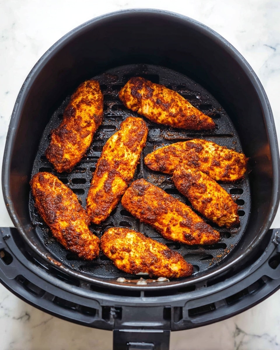 The image shows an air fryer basket with seven cooked chicken tenders inside. Each tender is coated in a dark orange-brown spice mix with a slightly charred texture on the surface, giving a crispy look. The tenders are arranged in a loose circular pattern, with some spaced out and others closer together. The basket is black with ventilation holes at the bottom, and the background is a white marbled surface. photo taken with an iphone --ar 4:5 --v 7