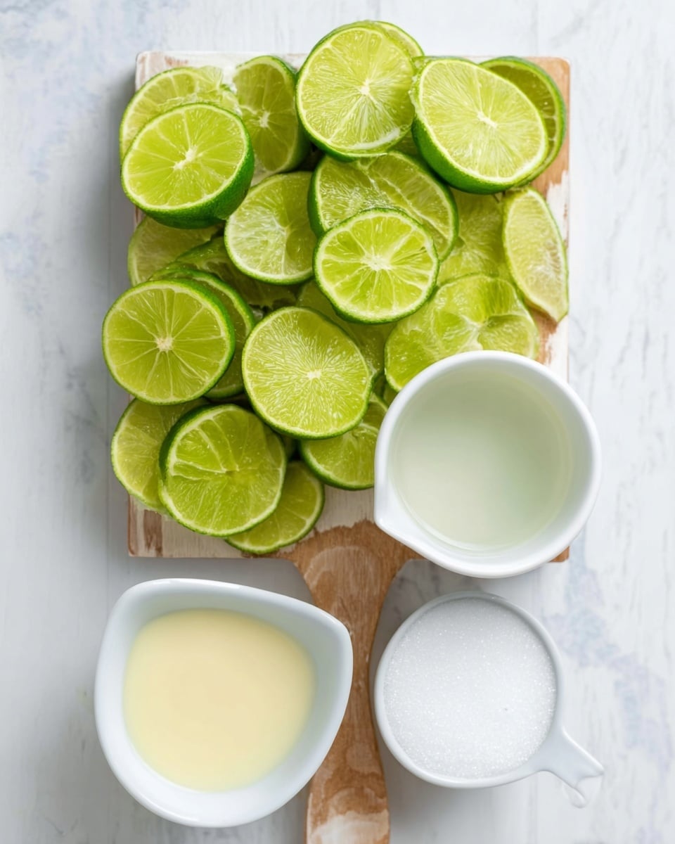 The image shows a small white wooden board filled with many bright green lime slices arranged close together, with a mix of halves and quarter slices. Above the board is a clear liquid in a white bowl, and below the board, there are two white bowls; the left one holds a light yellow liquid, and the right one contains white granulated sugar. Everything is set on a white marbled surface, creating a fresh and clean look. Photo taken with an iphone --ar 4:5 --v 7