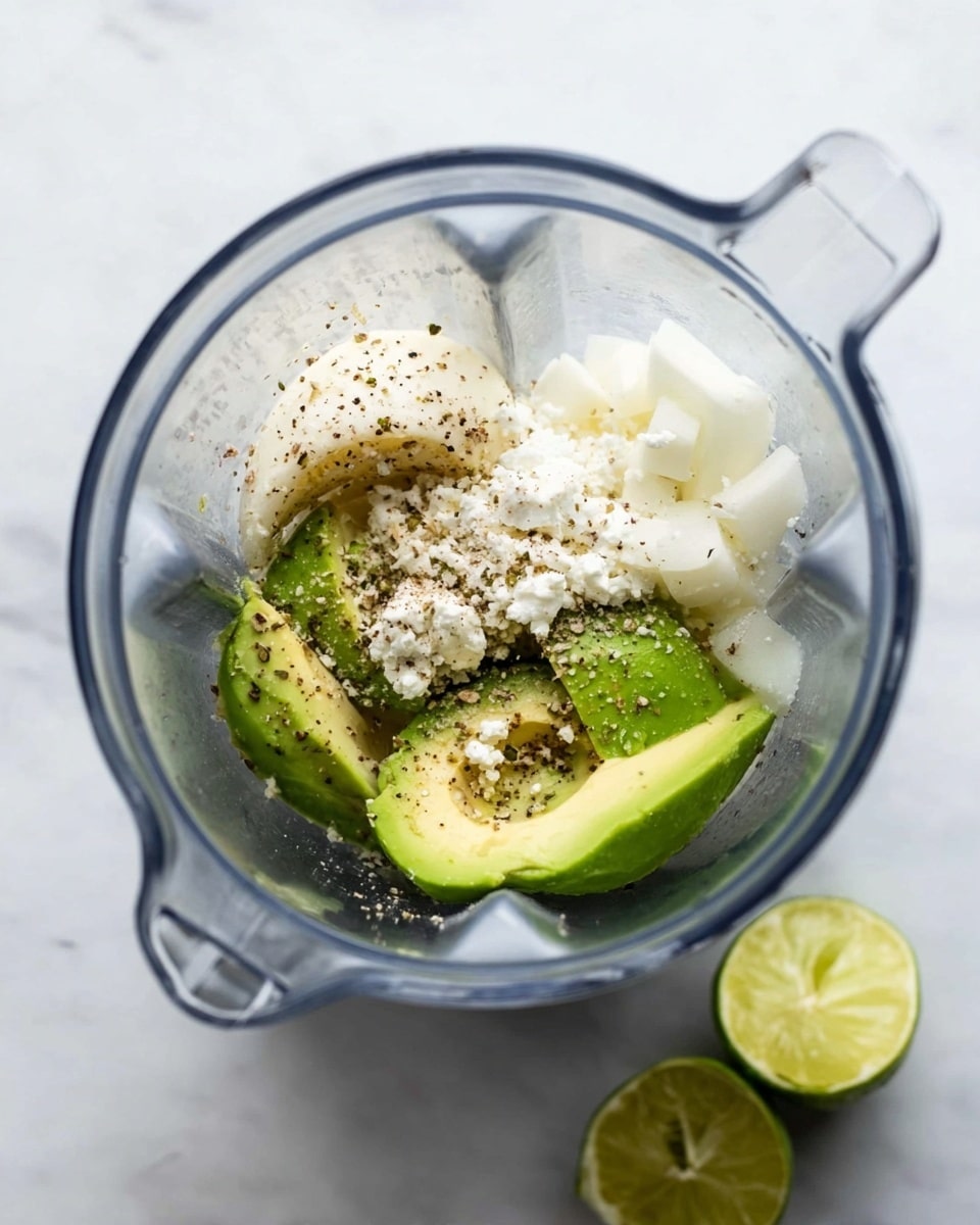 A clear blender container sits on a white marbled surface, filled with three main layers: at the bottom, bright green avocado halves with their smooth flesh visible; in the middle, white chopped onion pieces arranged loosely; and on top, crumbled white cheese with black pepper sprinkled over everything. To the right of the blender, two squeezed lime halves rest on the white marbled surface, showing their juicy green interiors. The photo is bright and clean, focused from above, showing details of texture and color inside the blender. photo taken with an iphone --ar 4:5 --v 7