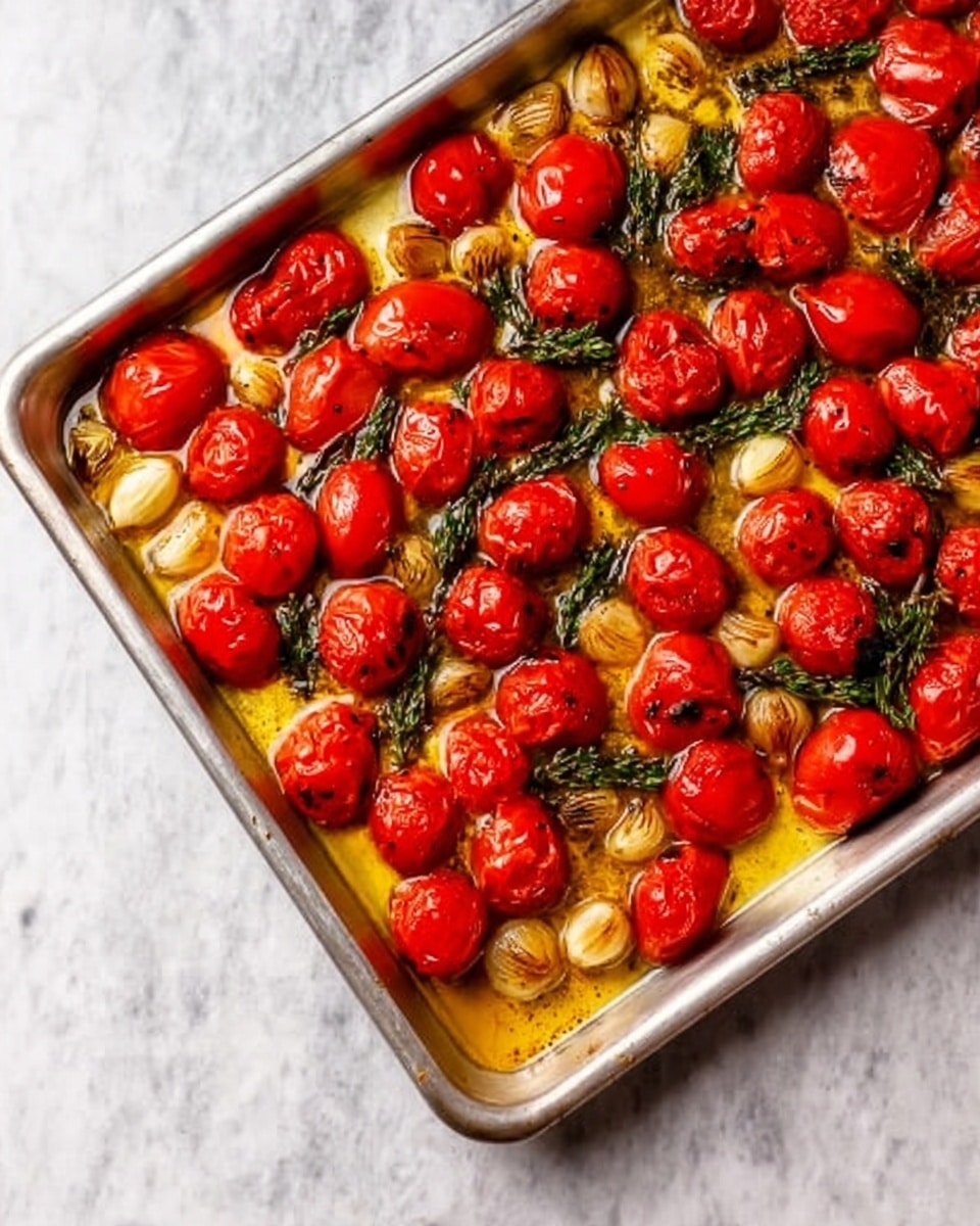 A silver baking tray filled with bright red cherry tomatoes and golden brown garlic cloves, both roasted and glistening with olive oil. The tomatoes are scattered evenly across the tray, showing some wrinkles and slight charring. Sprigs of fresh green herbs are placed between the tomatoes and garlic, resting in the golden oil that covers the tray's bottom. The tray sits on a white marbled surface. photo taken with an iphone --ar 4:5 --v 7