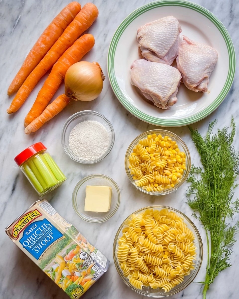 The image shows an arrangement of raw cooking ingredients placed on a white marbled surface. There are two raw pink chicken thighs on a white plate with a green rim, to the top center. To the left, three fresh orange carrots, a whole yellow onion, and two green celery sticks lie next to each other. Moving right, a clear glass bowl filled with yellow spiral pasta sits beside a smaller white bowl full of yellow corn kernels. In the center foreground, there is a carton of organic chicken stock with a picture of vegetables on it, a small clear bowl with flour, a tiny white bowl holding a square of butter, and a glass cup filled with cream. A yellow spice jar with a red lid stands between the flour and butter. Fresh green dill herb sprigs lie next to the bowls, adding a touch of color. The ingredients are neatly spaced and presented as if ready for cooking photo taken with an iphone --ar 4:5 --v 7