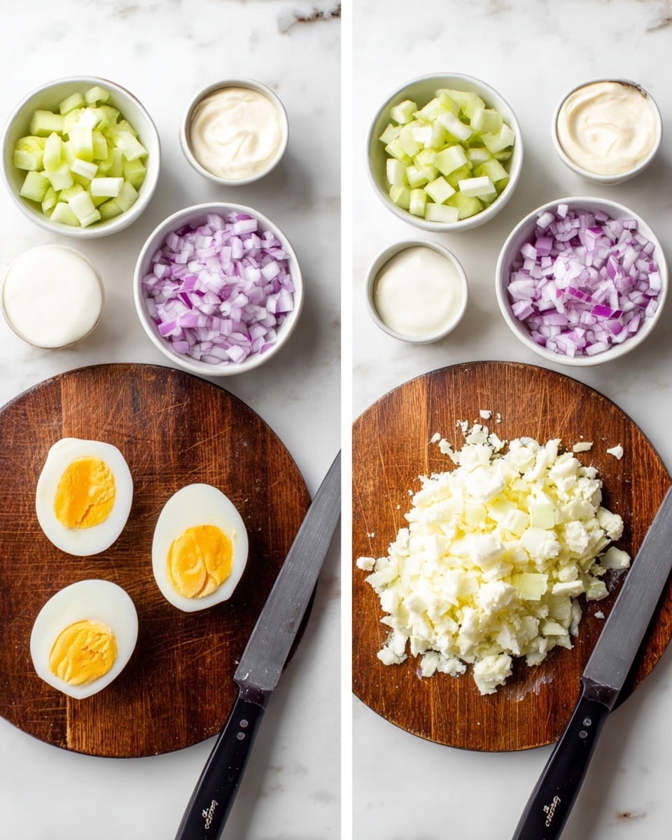 The image shows two parts: on the left side, two halves of a hard-boiled egg with bright yellow yolks sit on a dark wooden board placed on a white marbled surface, while above the board are three small white bowls containing light green cucumber cubes, thinly sliced purple onions, and smooth white mayonnaise labeled