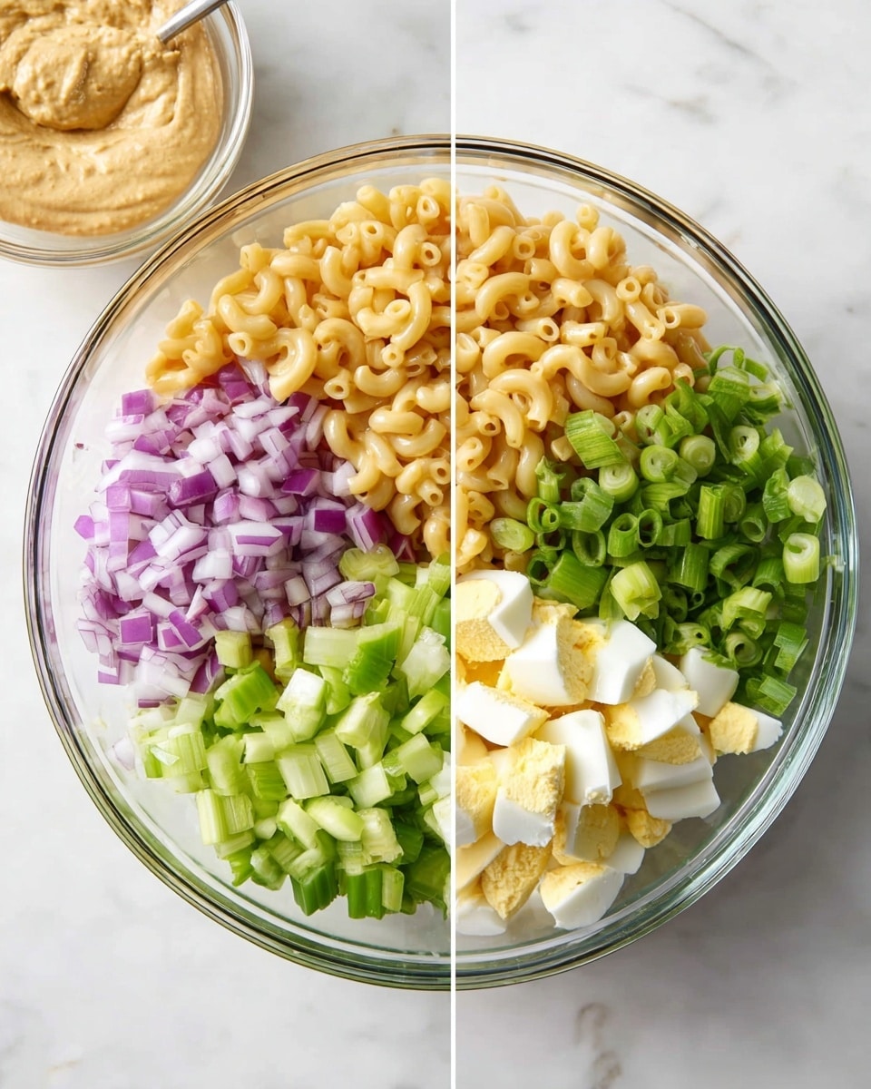 The image shows two clear glass bowls on a white marbled surface, each containing layers of ingredients arranged neatly in sections. Both bowls have a base layer of light tan elbow macaroni noodles occupying about half of the bowl. Next to the noodles, there are bright green chopped celery pieces on the lower left, finely diced purple onion just below the celery, chopped white hard-boiled egg taking a large portion on the lower right, and fresh green sliced scallions on the upper right. In the right bowl, a thick, creamy beige sauce is being spooned over the noodles, partially covering them on the top left side of the bowl. photo taken with an iphone --ar 4:5 --v 7