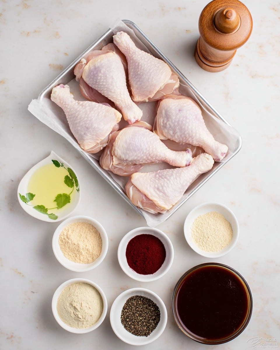 The image shows eight raw chicken drumsticks arranged in two layers on a white lined metal tray at the center. Surrounding the tray are seven small white bowls placed on a white marbled surface; each bowl contains a different ingredient: a pale yellow liquid with a green leaf pattern on the bowl, two kinds of light beige powders, two dark red powders, ground black pepper, and a dark brown thick sauce in a round bowl at the bottom center. A wooden salt grinder with white salt is in the top right corner. All elements are arranged neatly, creating a clean and organized layout. photo taken with an iphone --ar 4:5 --v 7