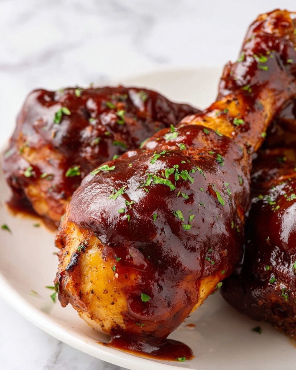 A close-up of two chicken drumsticks covered in thick, shiny dark brown barbecue sauce, sprinkled with small bright green herb pieces, resting on a white plate with a white marbled surface in the background. The chicken skin looks tender and slightly crispy under the sauce with some areas showing a golden brown color. One drumstick is in the front, large and detailed, with sauce dripping slightly down the curved bone, while the other is partially visible behind it. photo taken with an iphone --ar 4:5 --v 7