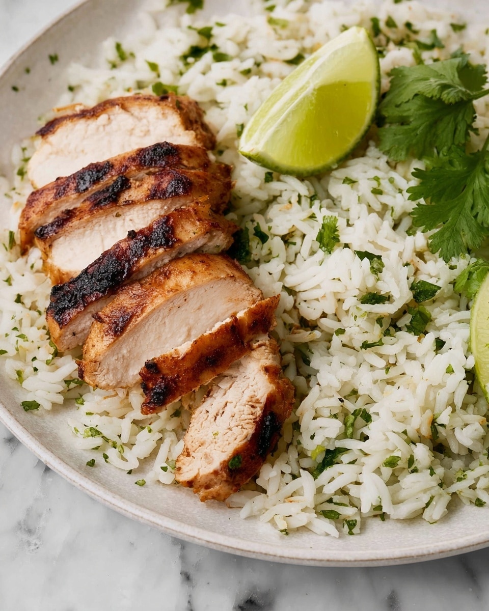 The image shows a white plate with two main layers. The bottom layer is a bed of fluffy white rice mixed with small green herbs, giving it a light green tint. On top of the rice are five slices of grilled chicken that have a brown, slightly charred outside and a juicy light pink inside. To the side of the rice, there is a small wedge of lime resting near the chicken. Some fresh green cilantro leaves add a touch of color next to the lime. The whole plate sits on a white marbled surface. Photo taken with an iphone --ar 4:5 --v 7