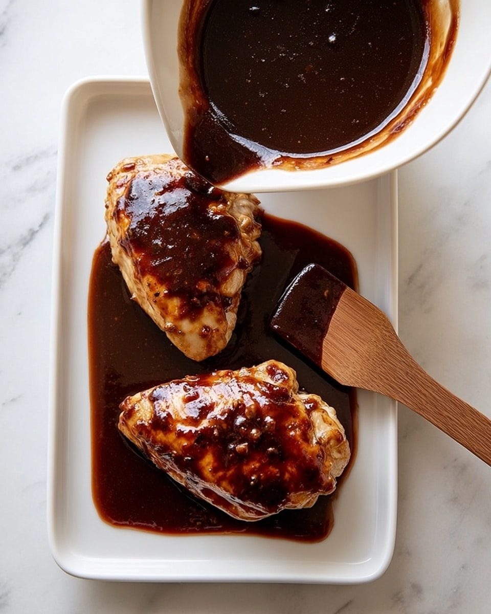 Two cooked chicken pieces with a shiny, dark brown sauce covering the top sit on a white rectangular tray. The sauce pools around the chicken, creating a thick layer that reflects light. On the right side of the tray, a wooden spatula with a small amount of sauce is placed diagonally. Above the tray, a white bowl tilted toward the chicken pours more dark sauce onto the pieces. The whole setup is on a white marbled surface. photo taken with an iphone --ar 4:5 --v 7