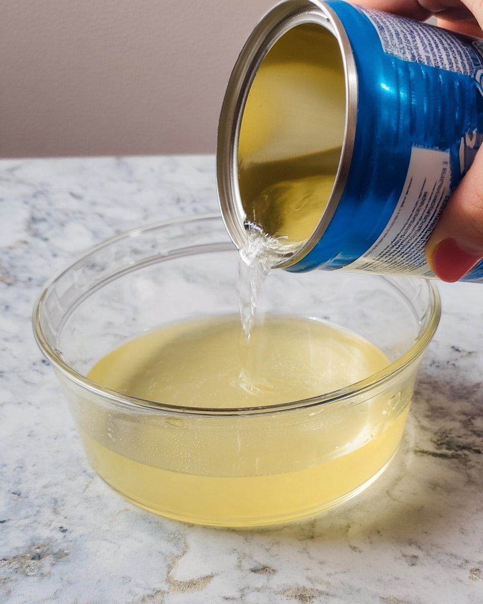 A clear, light yellow liquid is being poured from an open blue and white can into a round, transparent plastic bowl filled halfway with the same liquid. The bowl is sitting on a surface with a white marbled texture. A woman's hand holds the can at the top right corner of the image, tilting it to pour the liquid smoothly into the bowl. Photo taken with an iphone --ar 4:5 --v 7