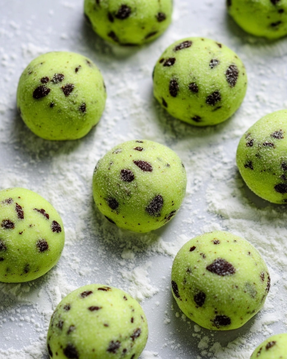 The image shows several small green dough balls with dark brown spots, placed on a white marbled surface covered lightly in white powder. Each dough ball is rounded and bumpy in texture, with the dark brown spots scattered unevenly inside the green dough. The dough balls are spaced out evenly across the surface, creating a neat and tidy arrangement. photo taken with an iphone --ar 4:5 --v 7