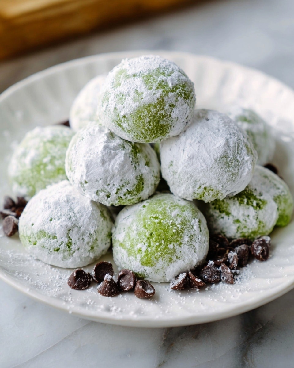 The image shows a white plate filled with round green cookies covered in a thick layer of white powdered sugar. The powdered sugar looks soft and fluffy, almost hiding the green color beneath. Around the cookies on the plate, there are scattered small dark chocolate chips that add a contrast in color. The plate sits on a white marbled surface, which makes the cookies and chocolate chips stand out clearly. The lighting gives the cookies a soft glow, highlighting the textures of the powdered sugar and the cookie shapes photo taken with an iphone --ar 4:5 --v 7