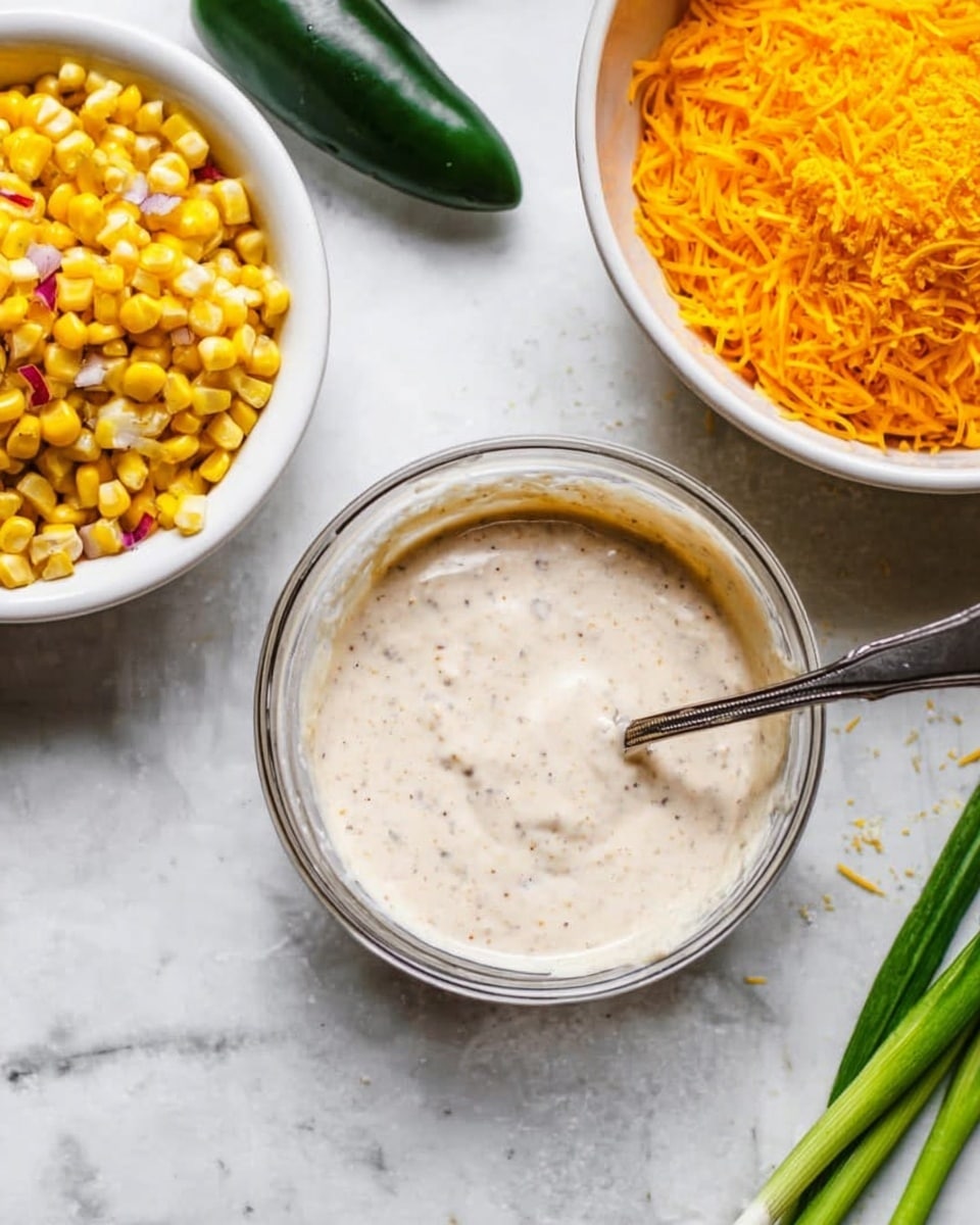 The image shows a clear glass bowl in the center filled with a creamy, light beige sauce that has small dark specks, with a spoon resting inside. To the left, there is a white bowl filled with bright yellow corn kernels mixed with small red pepper bits. On the right, there is another white bowl filled with shredded orange cheddar cheese. In the background, on the white marbled surface, there are three green onions and one dark green jalapeño pepper. photo taken with an iphone --ar 4:5 --v 7