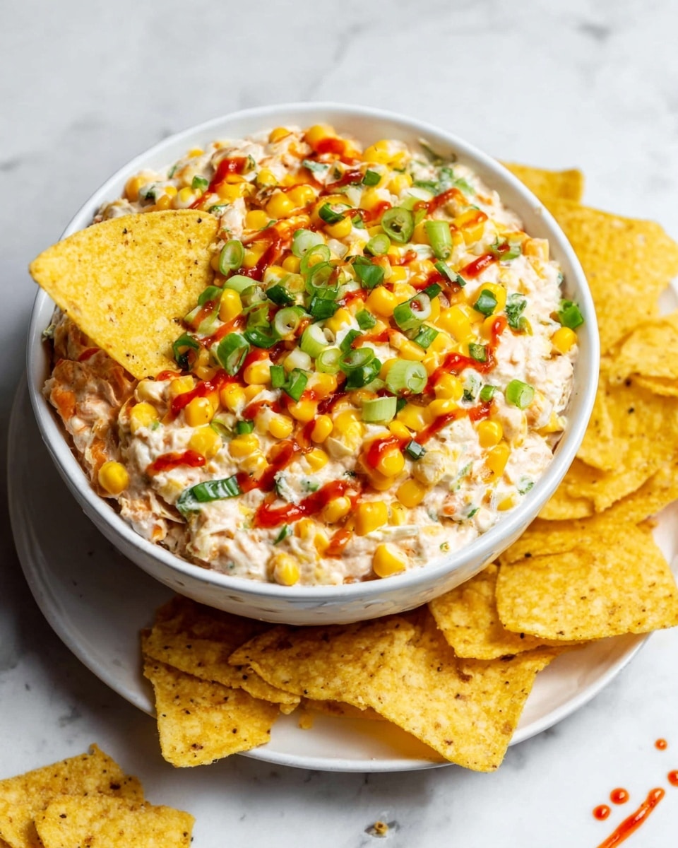 A white bowl filled with a creamy corn salad that has three main layers: the base layer is a thick creamy mixture with visible small pieces of jalapeno and herbs, the middle layer is bright yellow corn kernels scattered generously, and the top layer is garnished with green sliced spring onions and a drizzle of red hot sauce. A white plate underneath the bowl holds several yellow tortilla chips, some partially overlapping. The background is a white marbled surface with small drops of red hot sauce scattered near the bowl. Woman's hand holds a tortilla chip scooping the salad inside the bowl photo taken with an iphone --ar 4:5 --v 7