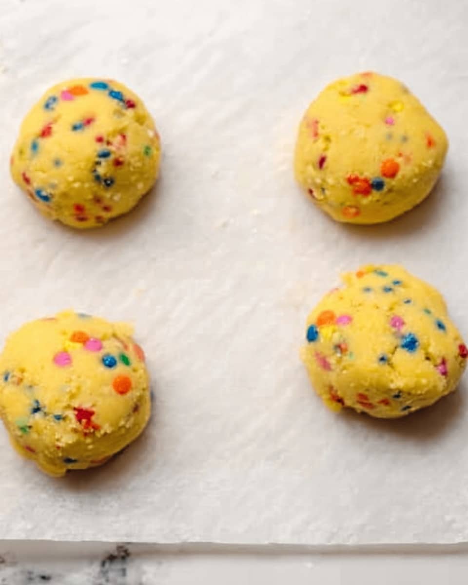 The image shows four round cookie dough balls placed evenly on a white parchment paper. Each ball is yellow with colorful small sprinkles scattered throughout, giving a festive look. The dough balls have a slightly rough texture and are set against a white marbled surface. photo taken with an iphone --ar 4:5 --v 7