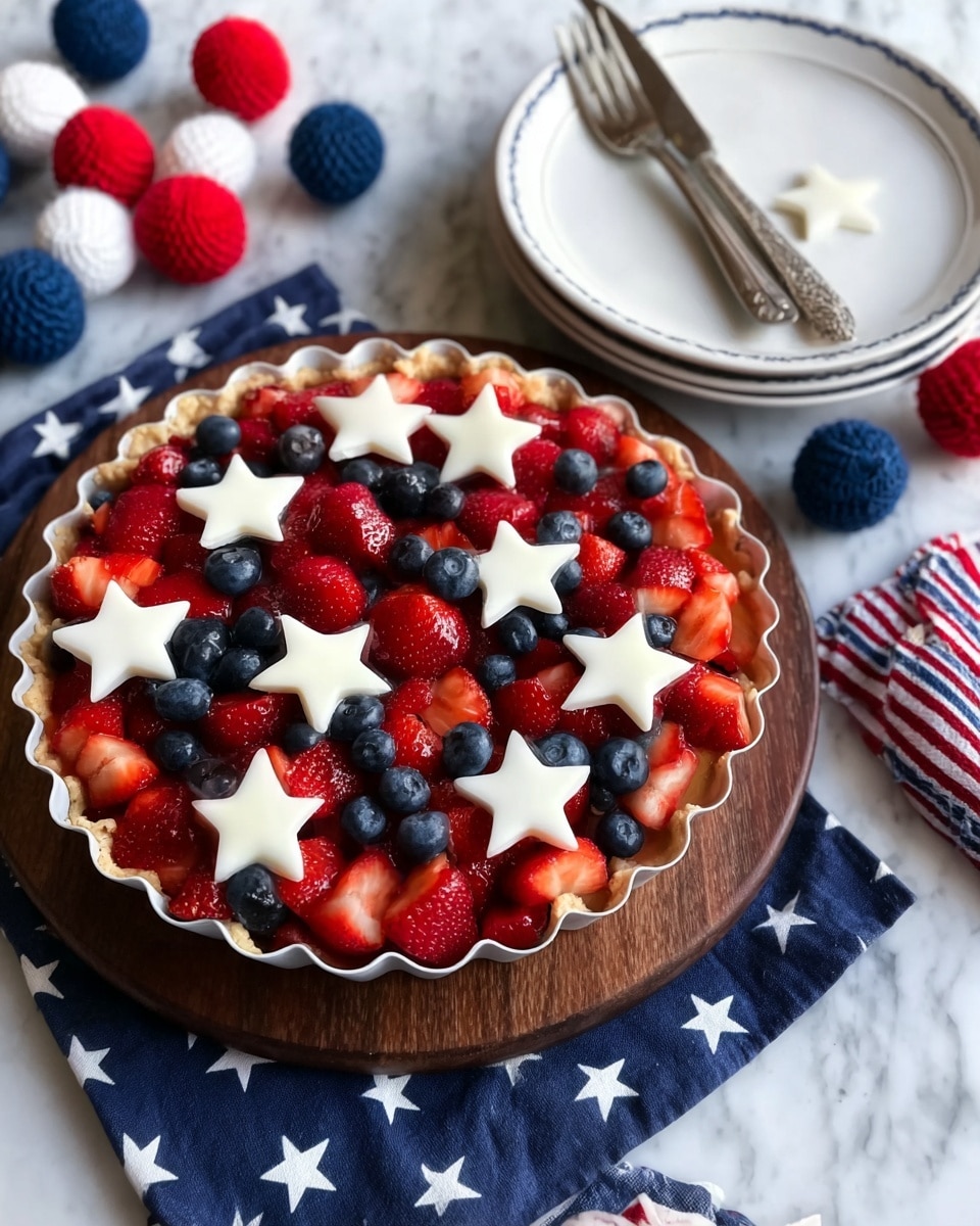 The image shows a tart with a scalloped crust filled with chopped red strawberries and whole blueberries. On top, there are white star-shaped pieces neatly placed evenly across the fruit layer. The tart sits on a wooden board with a dark blue cloth underneath, decorated with white stars. Nearby, there is a stack of white plates with two forks on top. Around the setting are red, white, and blue felt balls and star decorations. The surface under everything is white marble. photo taken with an iphone --ar 4:5 --v 7