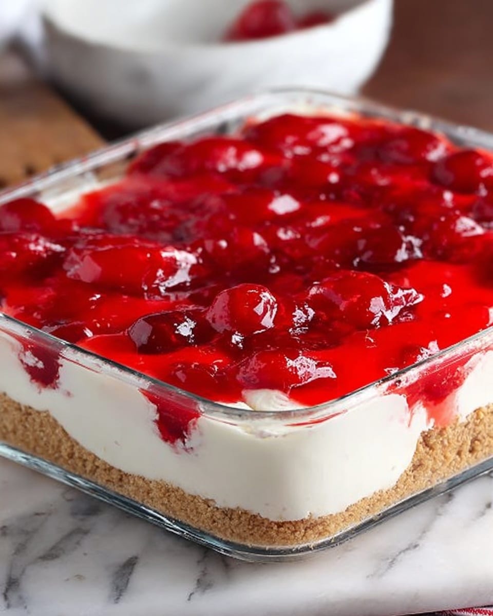 This is a three-layer dessert in a clear glass square dish placed on a white marbled surface. The bottom layer is a light brown crumb crust with a firm texture. Above it is a thick, smooth white creamy layer that covers the entire base evenly. The top layer is a shiny, bright red cherry topping with whole cherries and jelly-like pieces spread across the surface, creating a glossy and slightly bumpy texture. The dish is the main focus, and a blurred white bowl is visible in the background. photo taken with an iphone --ar 4:5 --v 7