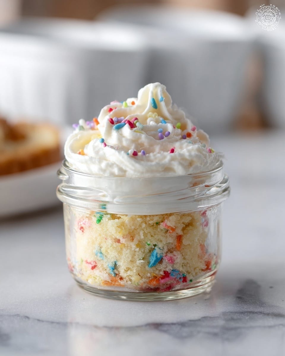 A small clear glass jar filled with a single layer of light yellow cake with colorful sprinkles inside, topped with a thick swirled layer of white cream. The jar sits on a white marbled surface with blurred white dishes in the background. photo taken with an iphone --ar 4:5 --v 7