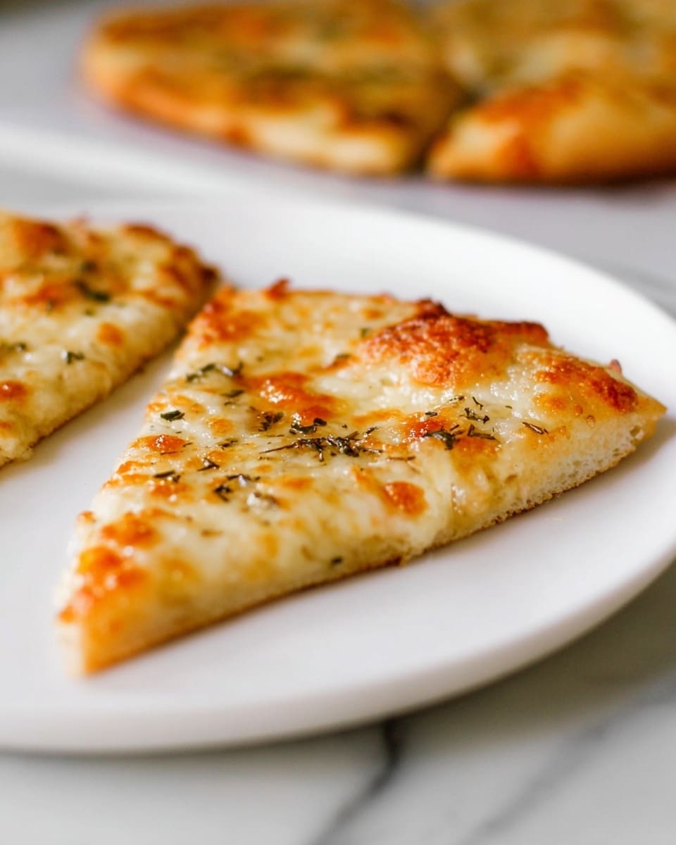 The image shows a close-up of a slice of cheese pizza placed on a white plate with a white marbled background. The slice has one layer of golden-brown melted cheese with small browned spots and some herbs sprinkled on top. The crust is thin and lightly browned, visible under the cheese layer. The pizza slice is cut cleanly, and two more blurred pizza slices can be seen in the foreground. Photo taken with an iphone --ar 4:5 --v 7