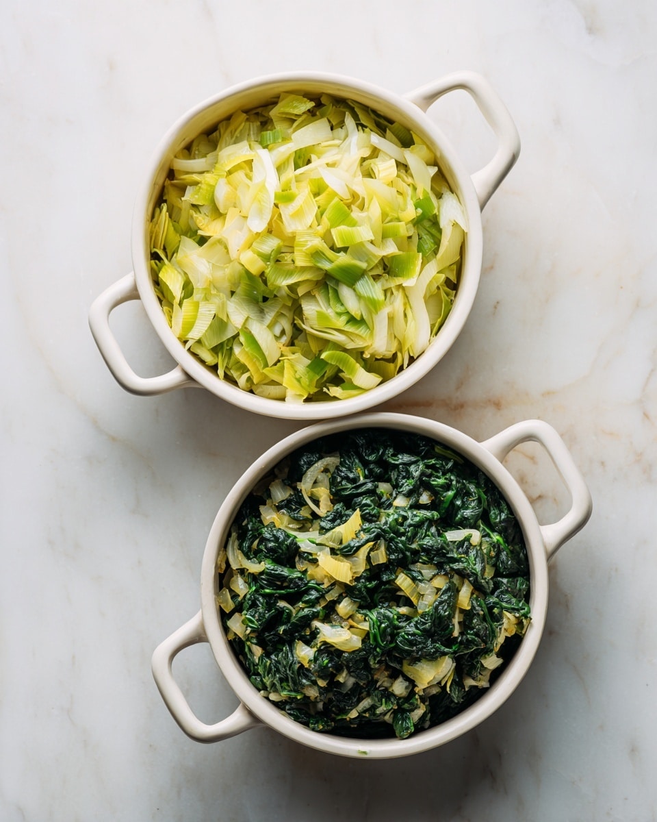 The image shows two white pots with handles, both placed on a white marbled surface. The pot on the left contains a single layer of cooked leeks, chopped into thin light green and white strips, with a soft texture and slight shine. The pot on the right contains a single even layer of cooked chopped spinach mixed with small pieces of cooked onion, creating a dark green and pale yellow layer with a moist, slightly chunky texture. Both pots have a clean rim and the food fills the bottom surface evenly. Photo taken with an iphone --ar 4:5 --v 7