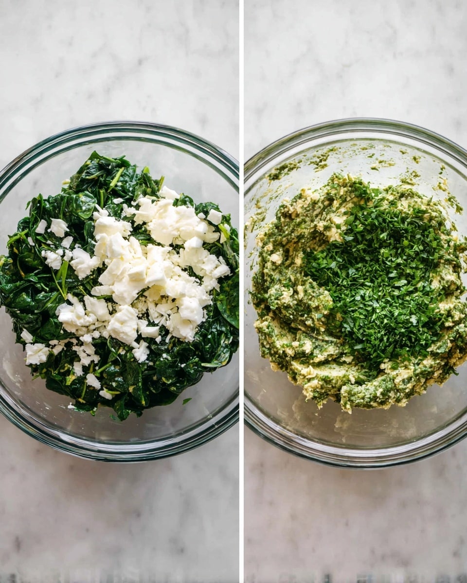 Two side-by-side images show a clear glass bowl sitting on a white marbled surface. The left image has a bowl with three main layers: dark green leafy spinach at the bottom, creamy white pieces of cheese scattered on top mainly to the left, and finely chopped bright green herbs covering the right side. The right image shows the same bowl with all those ingredients mixed into a blended, creamy green mixture with small bits of white cheese visible throughout. photo taken with an iphone --ar 4:5 --v 7