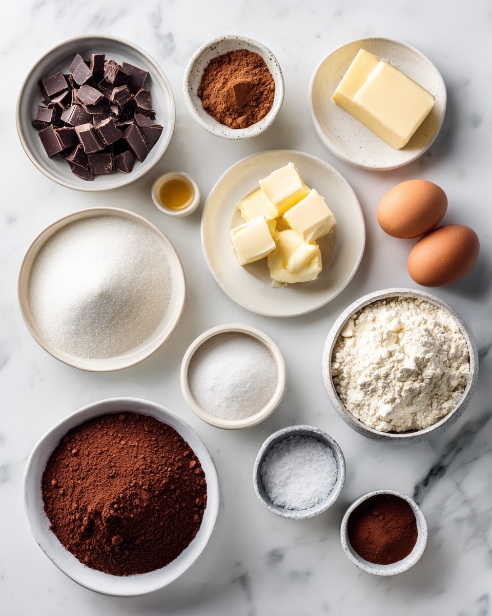 Top-down professional food photography flat lay style, bright white marble countertop, neatly arranged, evenly spaced, tidy, clean organized layout, include: small bowl of chopped bittersweet chocolate, small plate of unsalted butter, small bowl of brown sugar, small bowl of white sugar, small plate with two whole eggs, small bowl of all purpose flour, small bowl of cocoa powder, small bowl of salt, small bowl of espresso powder, bright soft natural lighting, sharp focus, high detail textures, realistic reflections, professional DSLR look, 4K, no finished dish, no cooked food, no hands, no text, no watermark, no brand logos --ar 4:5 --v 7