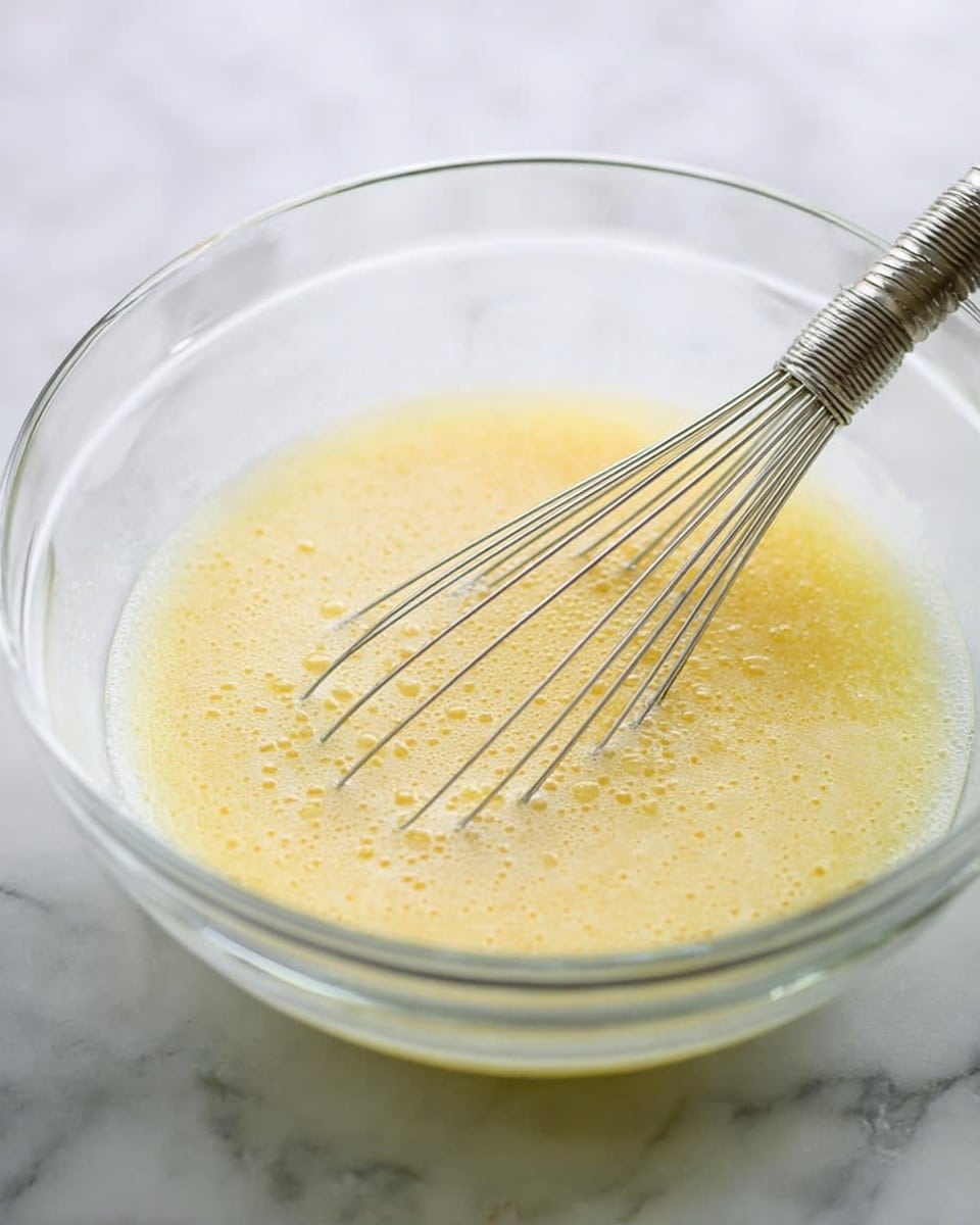 A clear glass bowl sits on a white marbled surface filled with a light yellow, smooth, slightly frothy liquid mixture. Inside the bowl is a metal whisk with thin wires resting on the liquid surface, showing small bubbles throughout. The background is softly blurred, focusing on the bowl and whisk in the center of the image photo taken with an iphone --ar 4:5 --v 7