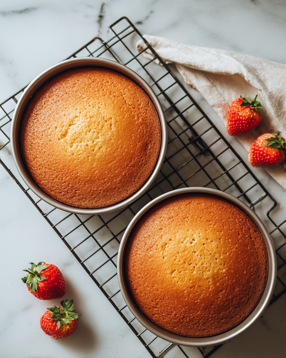 Two round golden-brown cakes sit side by side in round silver baking pans placed on a black cooling rack. Both cakes have a slightly uneven surface with a soft texture, light brown in color with a few darker spots. The cakes are on a white marbled surface, with three fresh red strawberries placed nearby adding a pop of color. The scene has soft natural light highlighting the cakes' warm tones. photo taken with an iphone --ar 4:5 --v 7