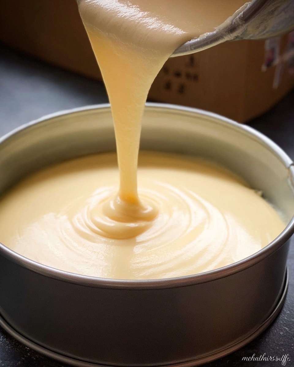 A close-up view of smooth, pale yellow batter being poured into a round silver springform pan. The batter fills the pan evenly, showing light ripples as it settles. The pan sits on a flat dark surface, with a cardboard box visible faintly in the background. Photo taken with an iphone --ar 4:5 --v 7