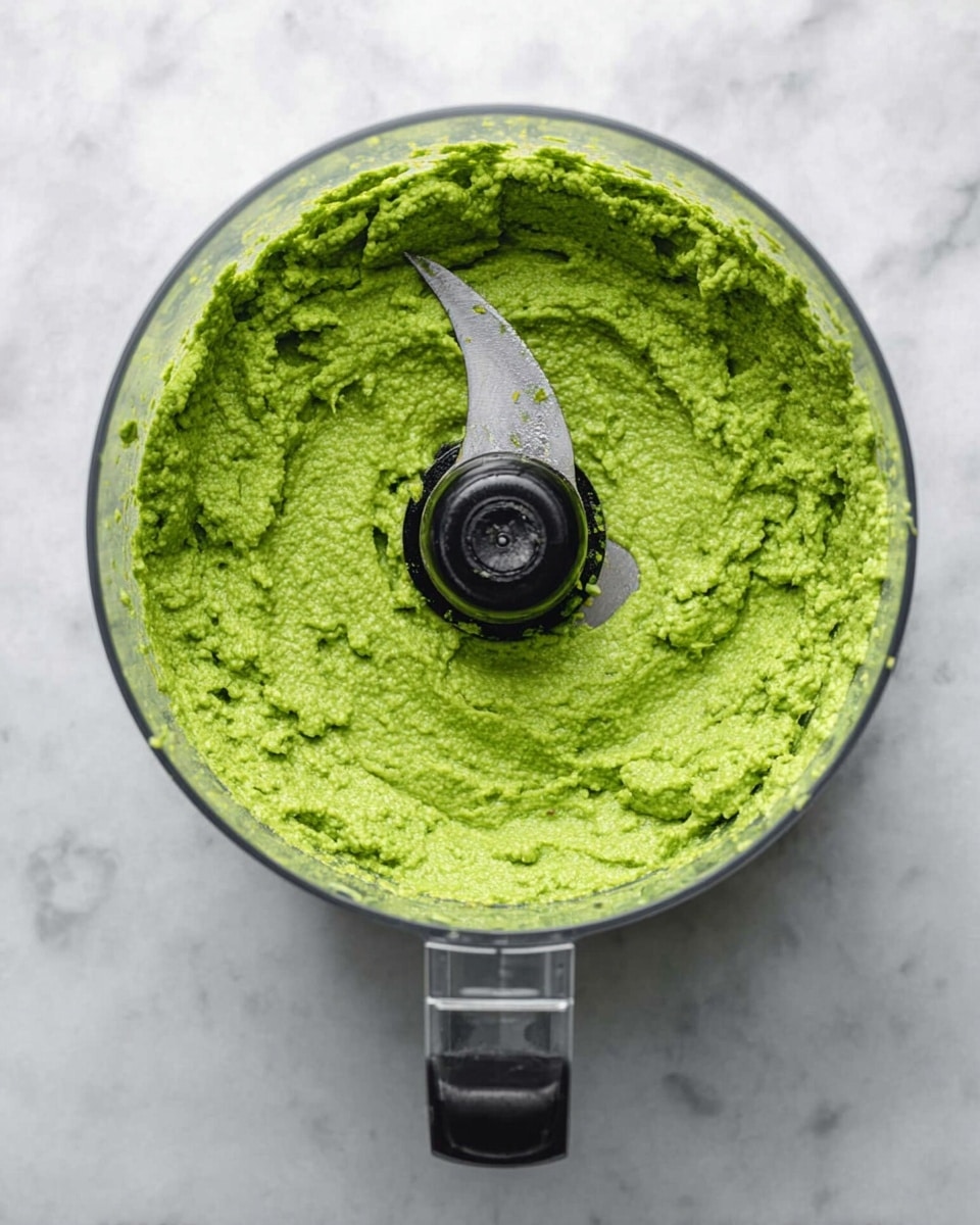 A clear food processor bowl filled with a bright green, thick paste with a textured, slightly chunky surface. The green mixture surrounds the central metal blade, which is visible in the middle. The bowl is placed on a white marbled surface with soft grey veins. The texture of the paste looks smooth but with small bits unevenly spread throughout. photo taken with an iphone --ar 4:5 --v 7