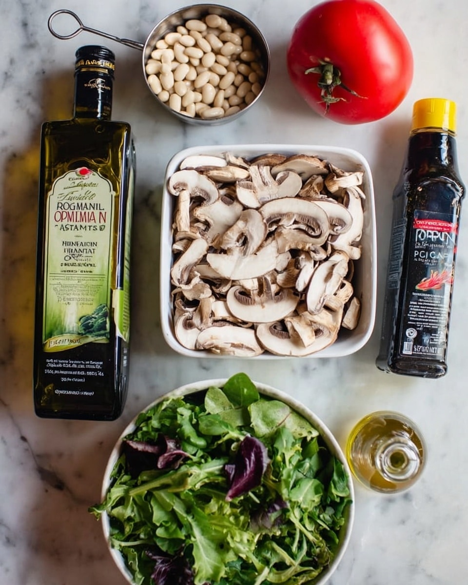 The image shows several fresh ingredients placed on a white marbled surface. At the center, there is a square white container filled with sliced white and brown mushrooms, arranged in layers. Above the mushrooms, there is a small metal measuring cup filled with white beans. To the left side, there is a large dark green bottle of extra virgin olive oil with a label, and a bright red tomato behind it. Below the mushrooms, a white bowl holds a mix of fresh green leafy salad, including different shades of green and some purple leaves. On the right side, there is a dark bottle of balsamic vinegar with a yellow cap. The scene is well-lit and all items are clearly visible. Photo taken with an iphone --ar 4:5 --v 7
