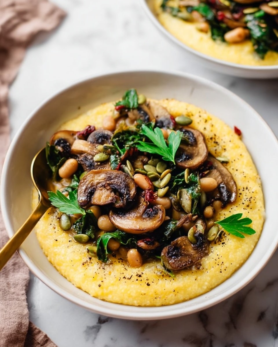 A white bowl filled with a soft, yellow base layer of creamy polenta, sprinkled lightly with black pepper along the edges. On top, there are several sautéed brown mushroom slices mixed with glossy green leafy vegetables and light brown beans, scattered with fresh green parsley leaves and small pumpkin seeds. A gold spoon rests inside the bowl on the left side. The bowl is placed on a surface with a white marbled texture. In the background, there is a second similar bowl slightly out of focus. Photo taken with an iphone --ar 4:5 --v 7