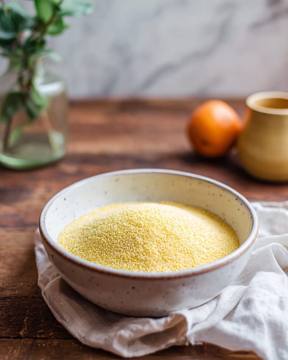 A single-layer bowl of fine yellow cornmeal with a soft, even texture filling a white bowl with subtle black speckles, placed on a rustic wood surface with a white cloth partially under the bowl. In the background, a blurred orange and a small round yellow pot add warm tones, alongside a glass vase with green plants, all on a white marbled texture. photo taken with an iphone --ar 4:5 --v 7