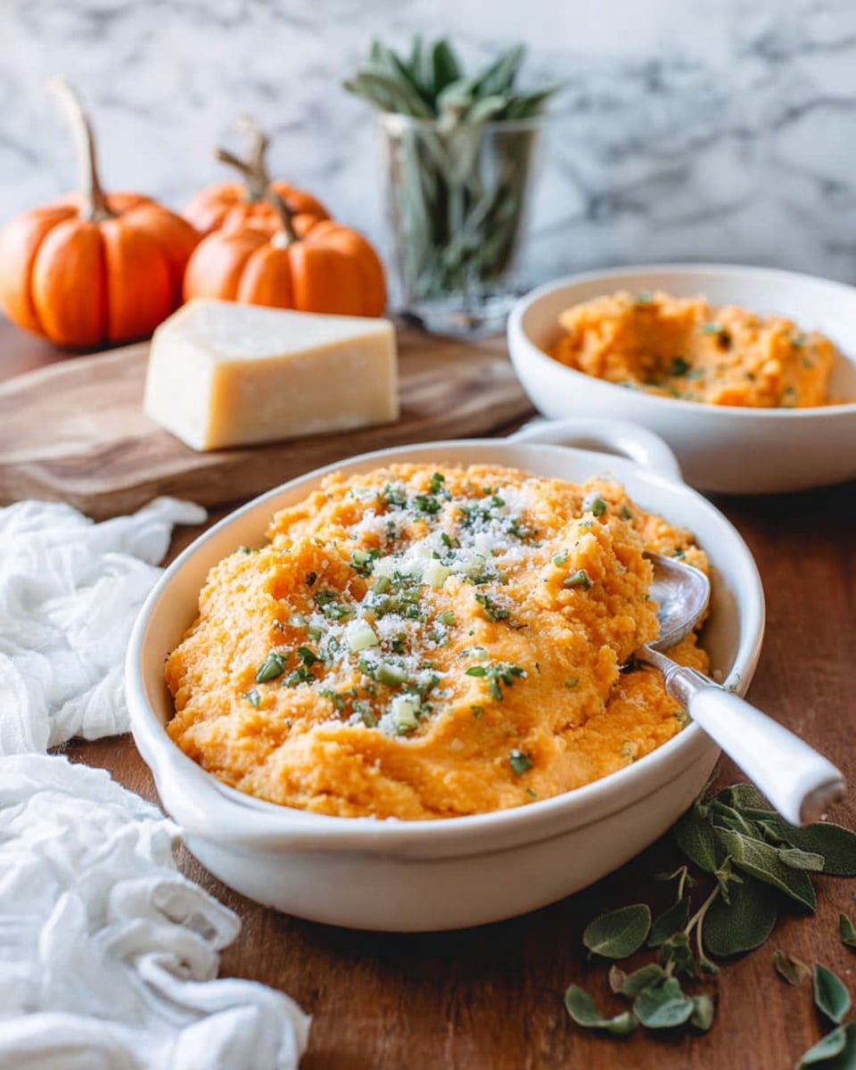 A white oval dish holds a thick mashed orange mixture, sprinkled with small bits of green herbs and a light dusting of white cheese on top. A spoon with a white handle rests inside the dish on the right side. Behind it, on a wooden surface, there is a wedge of cheese on a brown board and a white bowl filled with more of the orange mixture. In the background, there are three small orange pumpkins and a glass with green leaves. A white cloth is crumpled on the left side of the image. The background has a white marbled texture. photo taken with an iphone --ar 4:5 --v 7