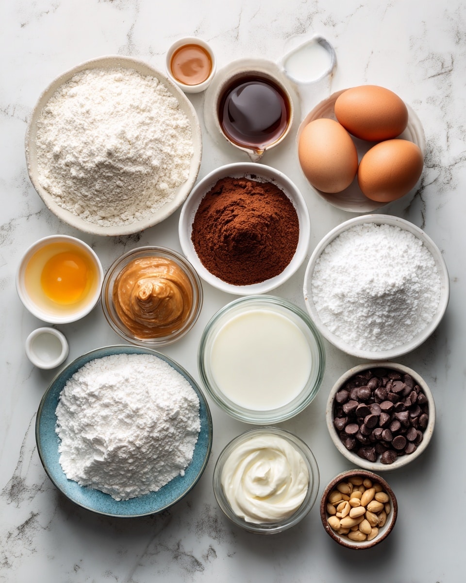 Top-down professional food photography, flat lay style, bright white marble countertop, neatly arranged, evenly spaced, tidy, clean organized layout. Include: bowl of all-purpose flour, small bowl of unsweetened cocoa powder, small bowl of baking powder, small bowl of baking soda, small bowl of salt, bowl of granulated sugar, bowl of brown sugar, glass measuring cup of vegetable oil, small plate with two large eggs, glass measuring cup of buttermilk, small bottle of vanilla essence, glass measuring cup of hot water, small bowl of creamy peanut butter, bowl of powdered sugar, small glass cup of milk, bowl of dark chocolate chips, small glass cup of heavy cream, small bowl of salted caramel sauce, small bowl of crushed salted peanuts. Bright soft natural lighting, sharp focus, high detail textures, realistic reflections, professional DSLR look, 4K. No finished dish, no cooked food, no hands, no text, no watermark, no brand logos --ar 4:5 --v 7