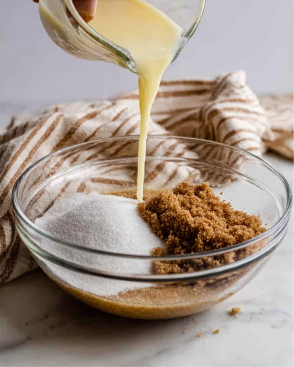 The image shows a clear glass bowl filled with layers of ingredients on a white marbled surface. At the bottom is a light brown sticky liquid, topped by a thick heap of coarse dark brown sugar on the right side, and a mound of fine white sugar on the left. A woman's hand is pouring a pale yellow liquid from a clear container into the bowl, creating a smooth stream that flows over the sugars. A beige cloth with thin brown stripes is casually placed behind the bowl, adding a soft touch to the scene. Photo taken with an iphone --ar 4:5 --v 7